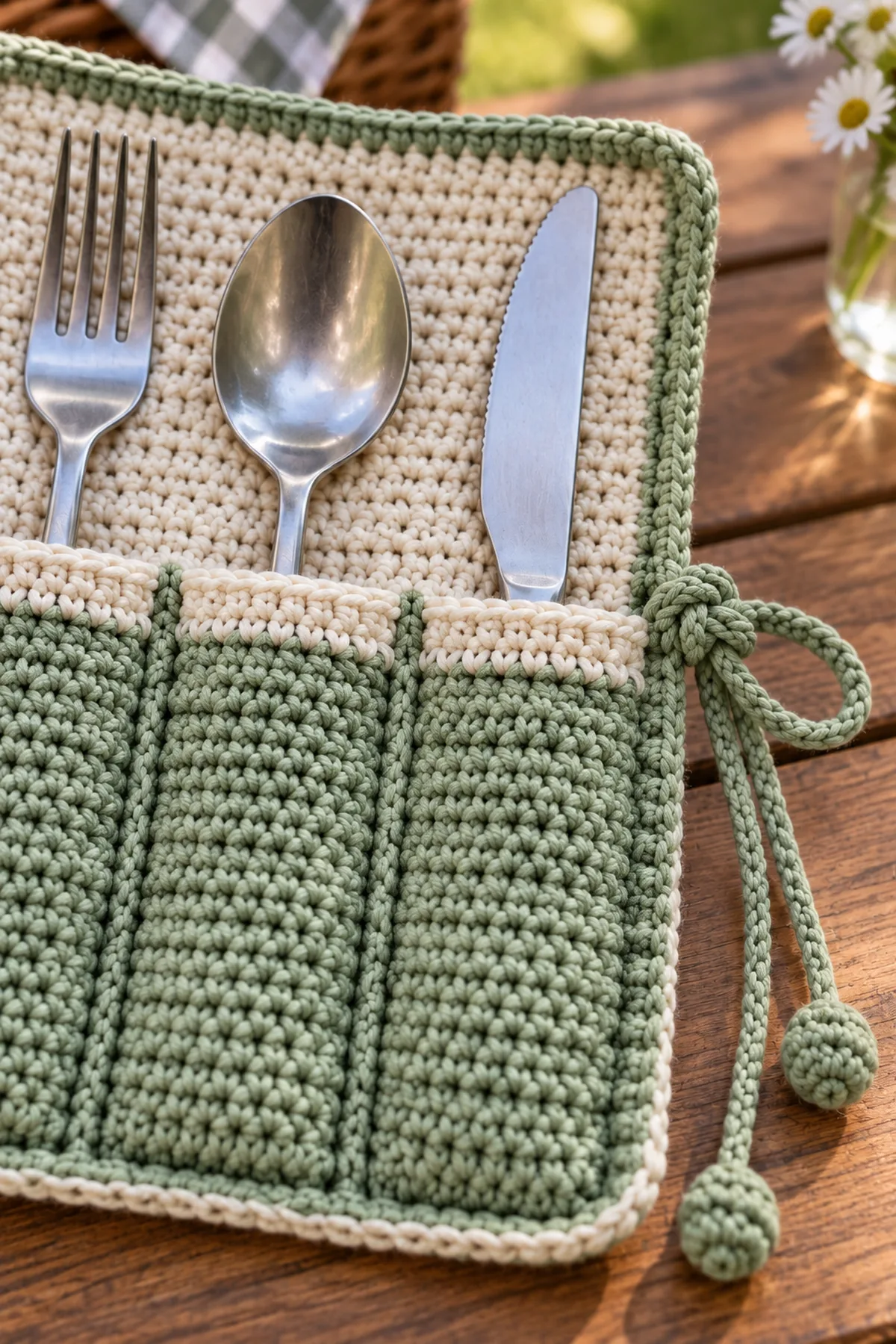 Close-up of stitch texture and finishing details on beginner crochet picnic utensil wrap