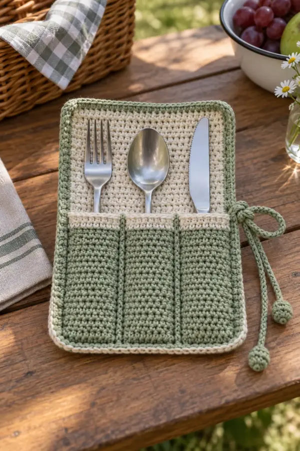 Finished beginner crochet picnic utensil wrap displayed with a clean handmade finish
