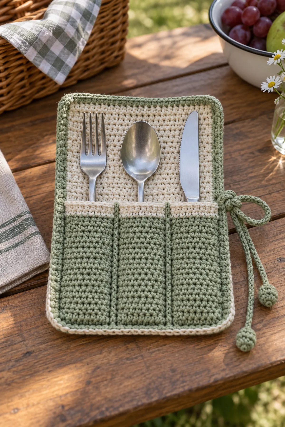 Finished beginner crochet picnic utensil wrap displayed with a clean handmade finish