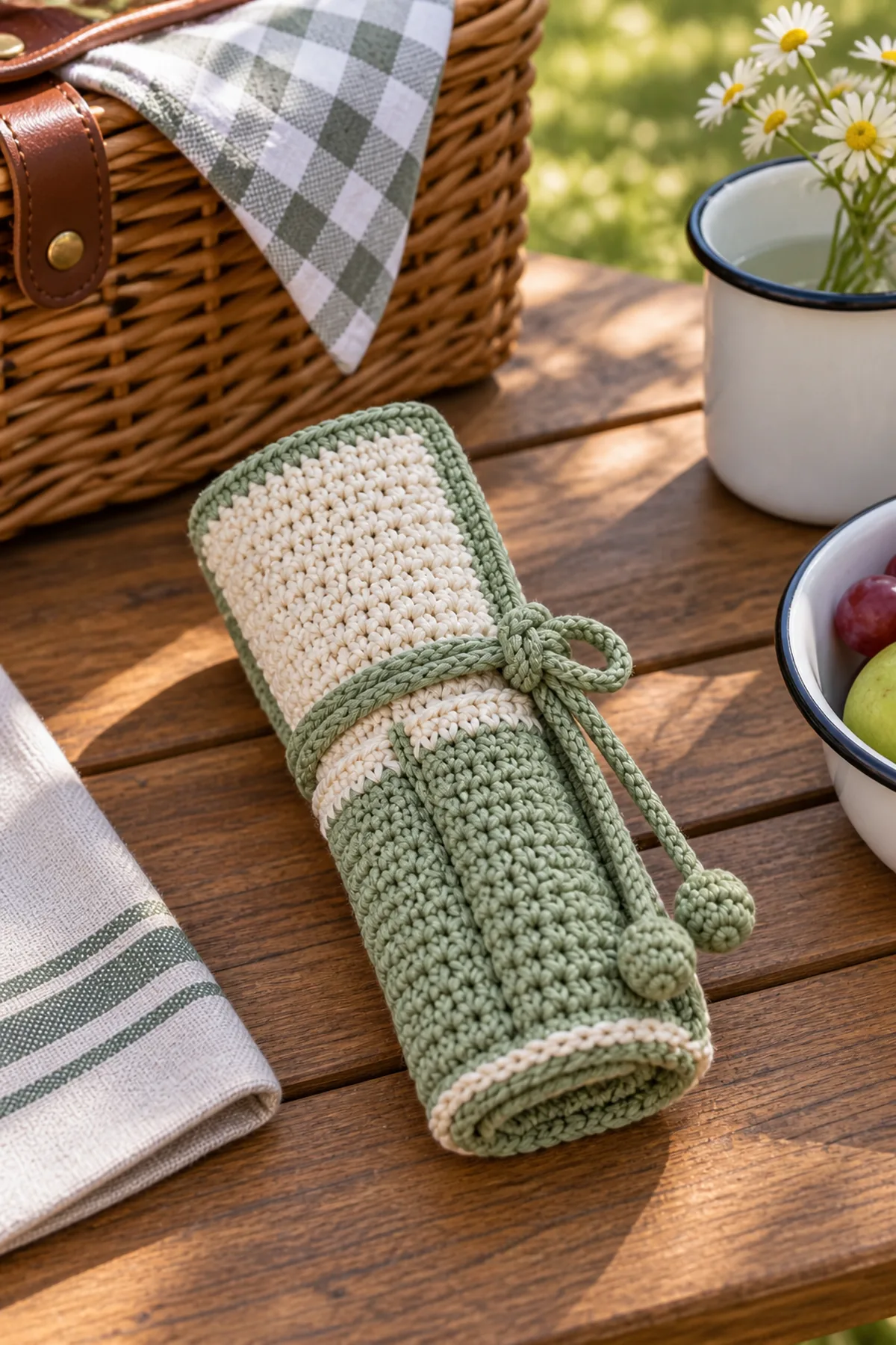Finished beginner crochet picnic utensil wrap styled in a bright natural setting
