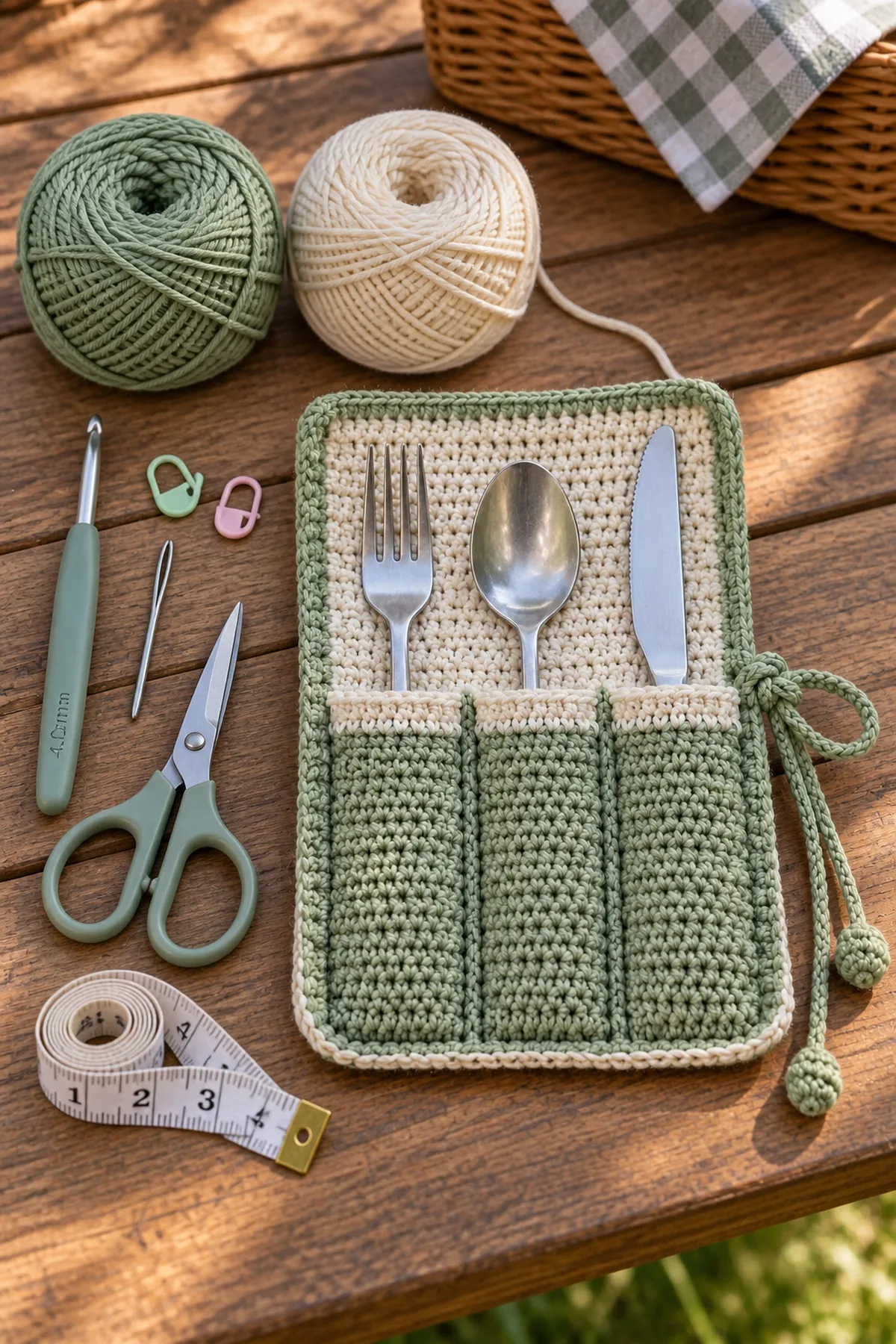Materials for beginner crochet picnic utensil wrap including yarn, crochet hook, markers, needle, tape measure, and scissors