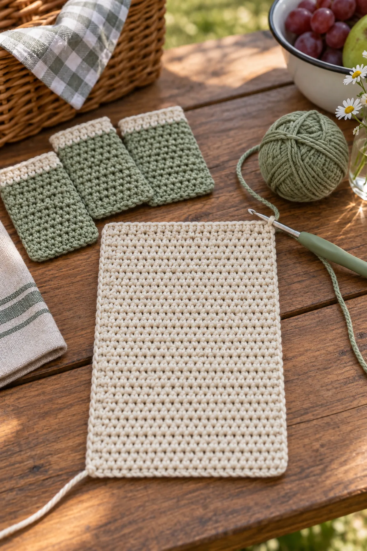Early crochet construction stage for beginner crochet picnic utensil wrap with working yarn and hook