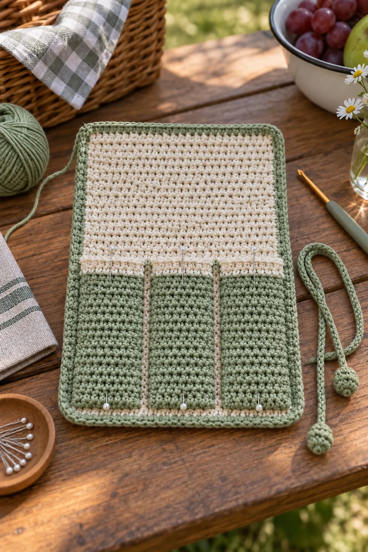 Mid-process crochet construction and shaping for beginner crochet picnic utensil wrap