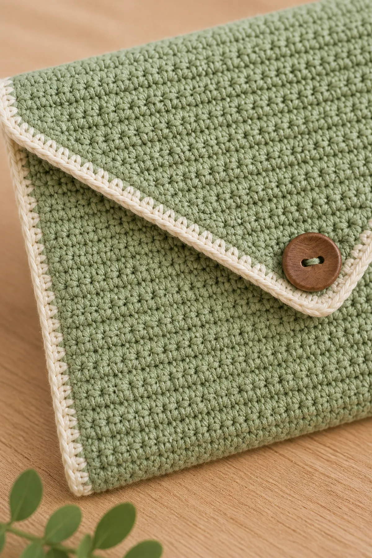 Close-up of the stitch texture and finishing details on beginner-friendly crochet envelope clutch