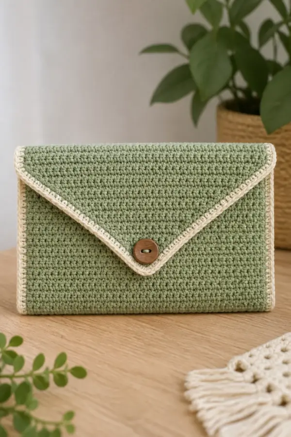 Finished beginner-friendly crochet envelope clutch displayed with a clean handmade finish