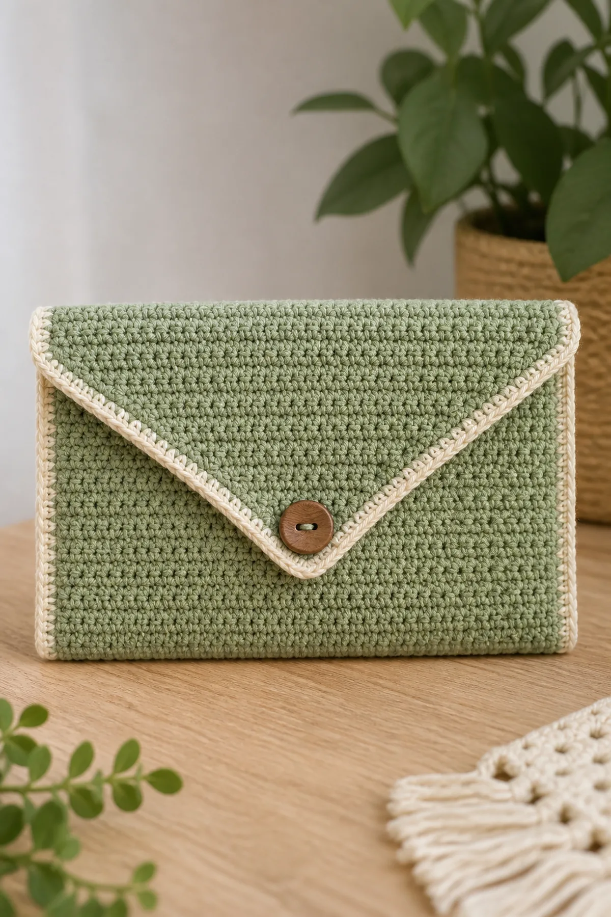 Finished beginner-friendly crochet envelope clutch displayed with a clean handmade finish