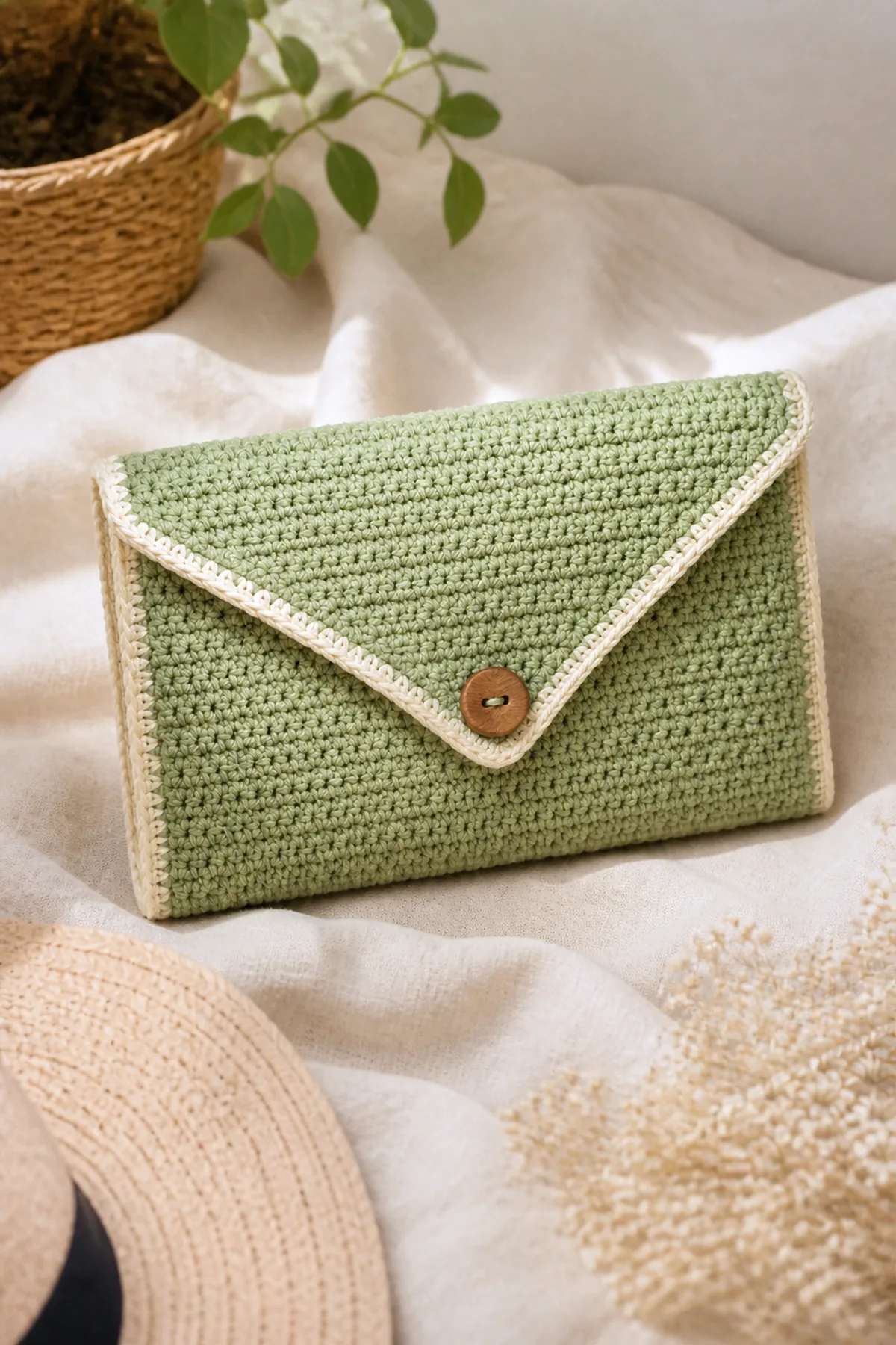 Finished beginner-friendly crochet envelope clutch styled in a bright natural setting
