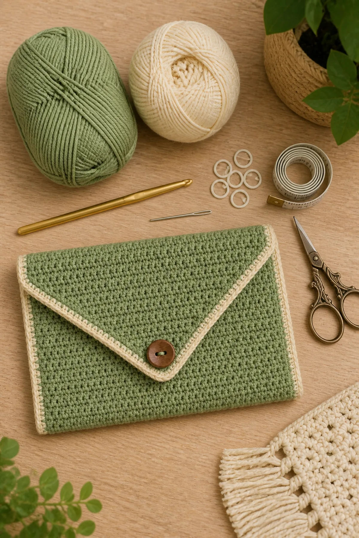 Yarn, crochet hook, stitch markers, yarn needle, tape measure, and scissors for beginner-friendly crochet envelope clutch