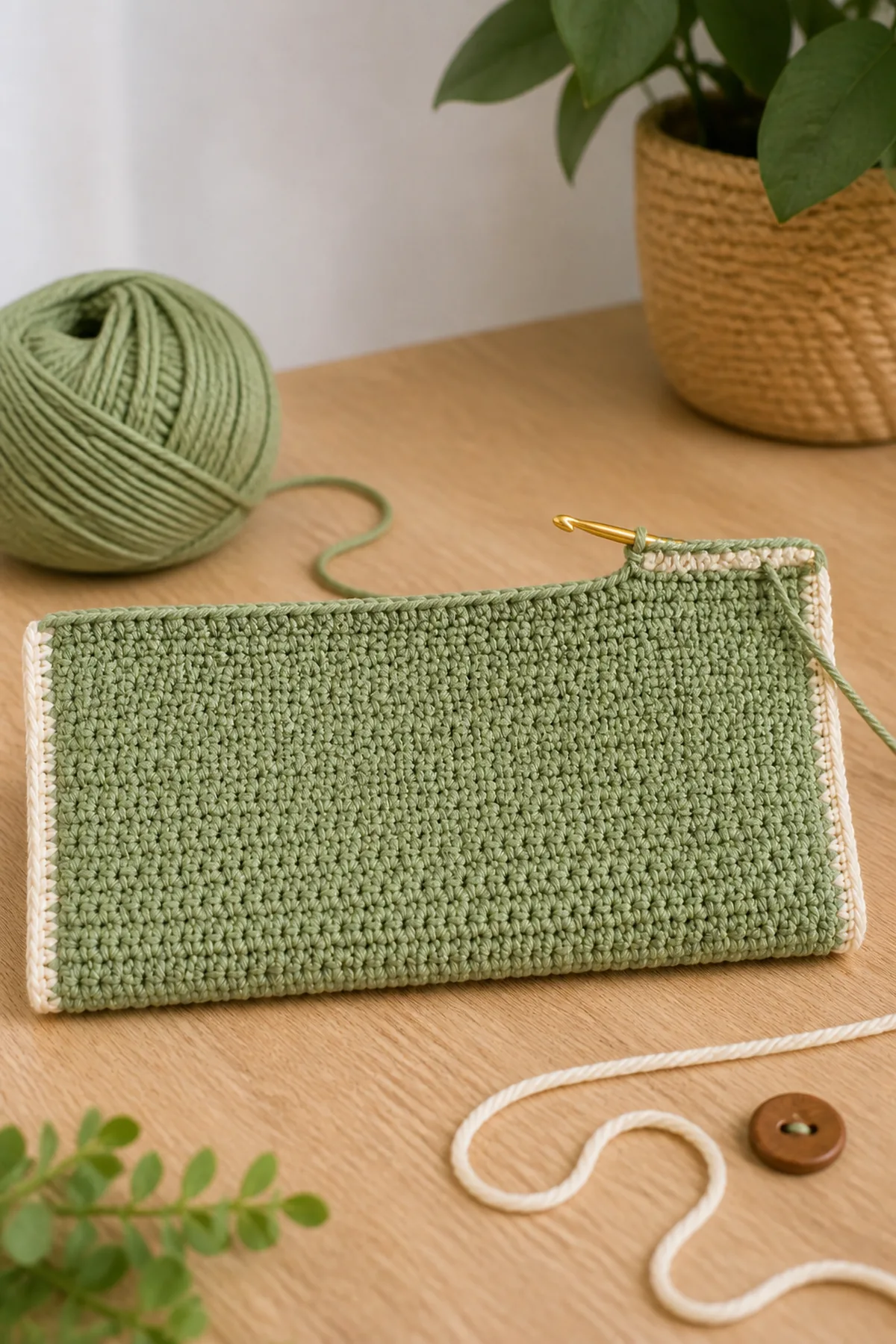 Early crochet construction stage for beginner-friendly crochet envelope clutch with working yarn and hook