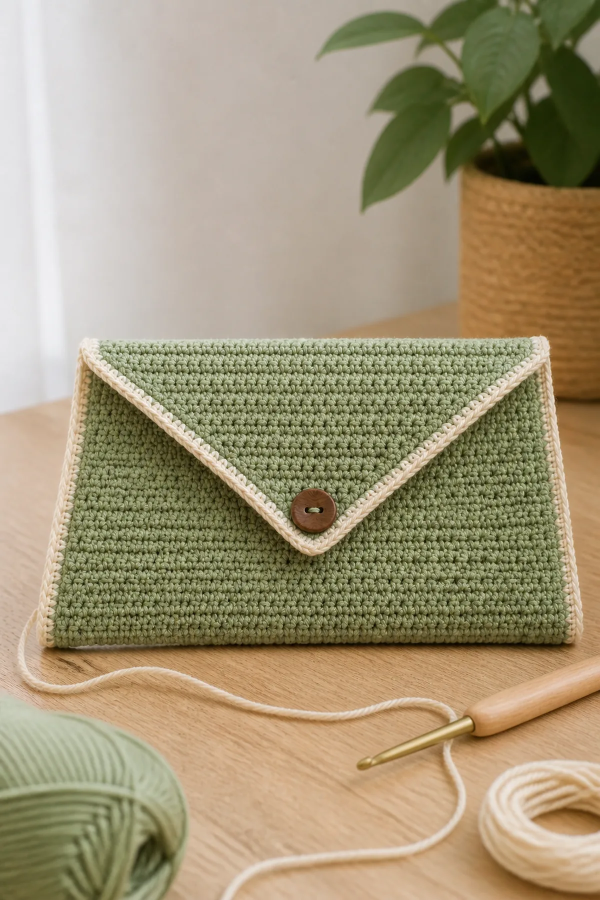 Mid-process crochet construction and shaping for beginner-friendly crochet envelope clutch