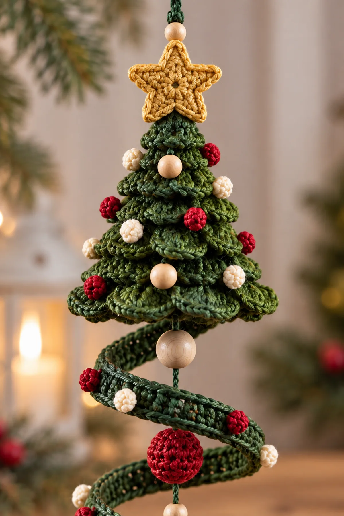 Close-up of picot branches tiny bobble ornament gold edging and wooden bead join