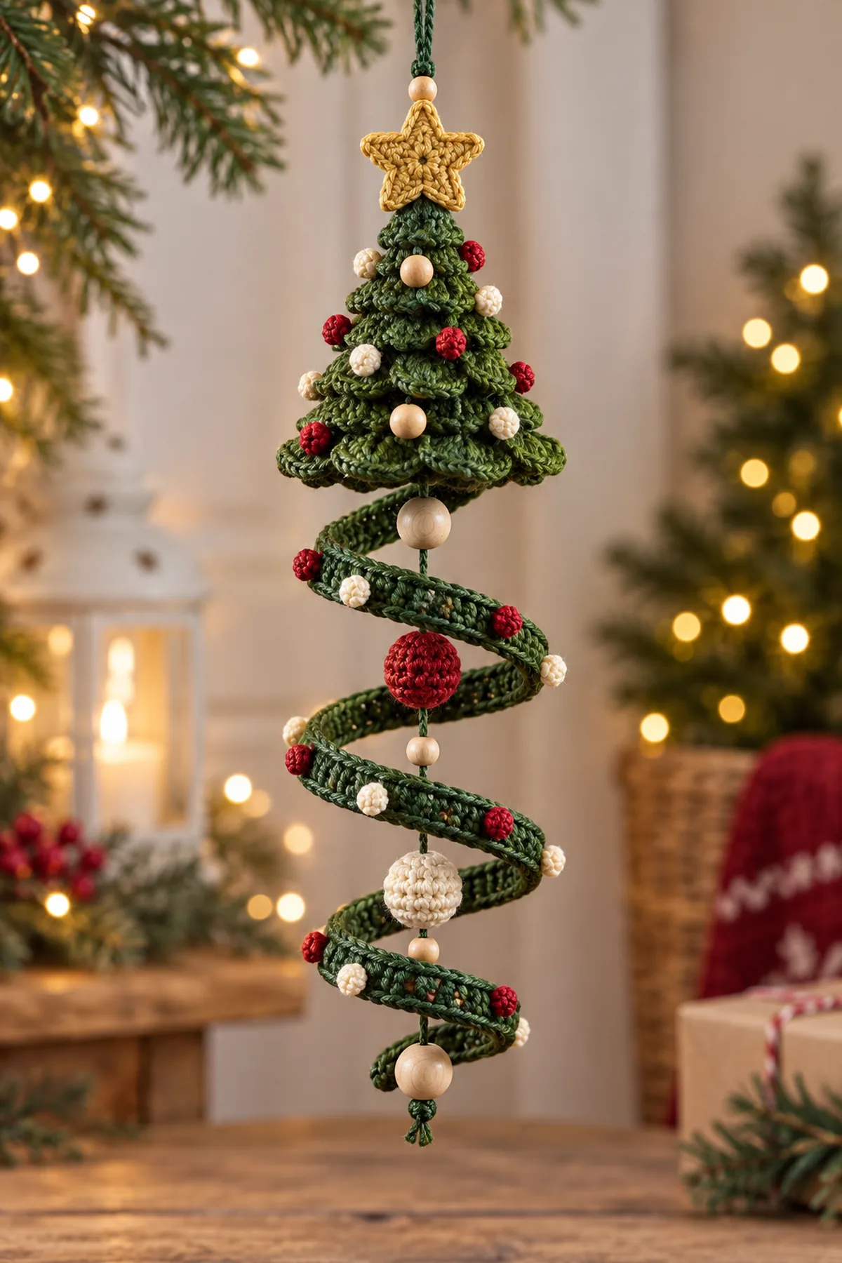Finished crochet Christmas tree spiral ornament with green helix gold star and wooden beads