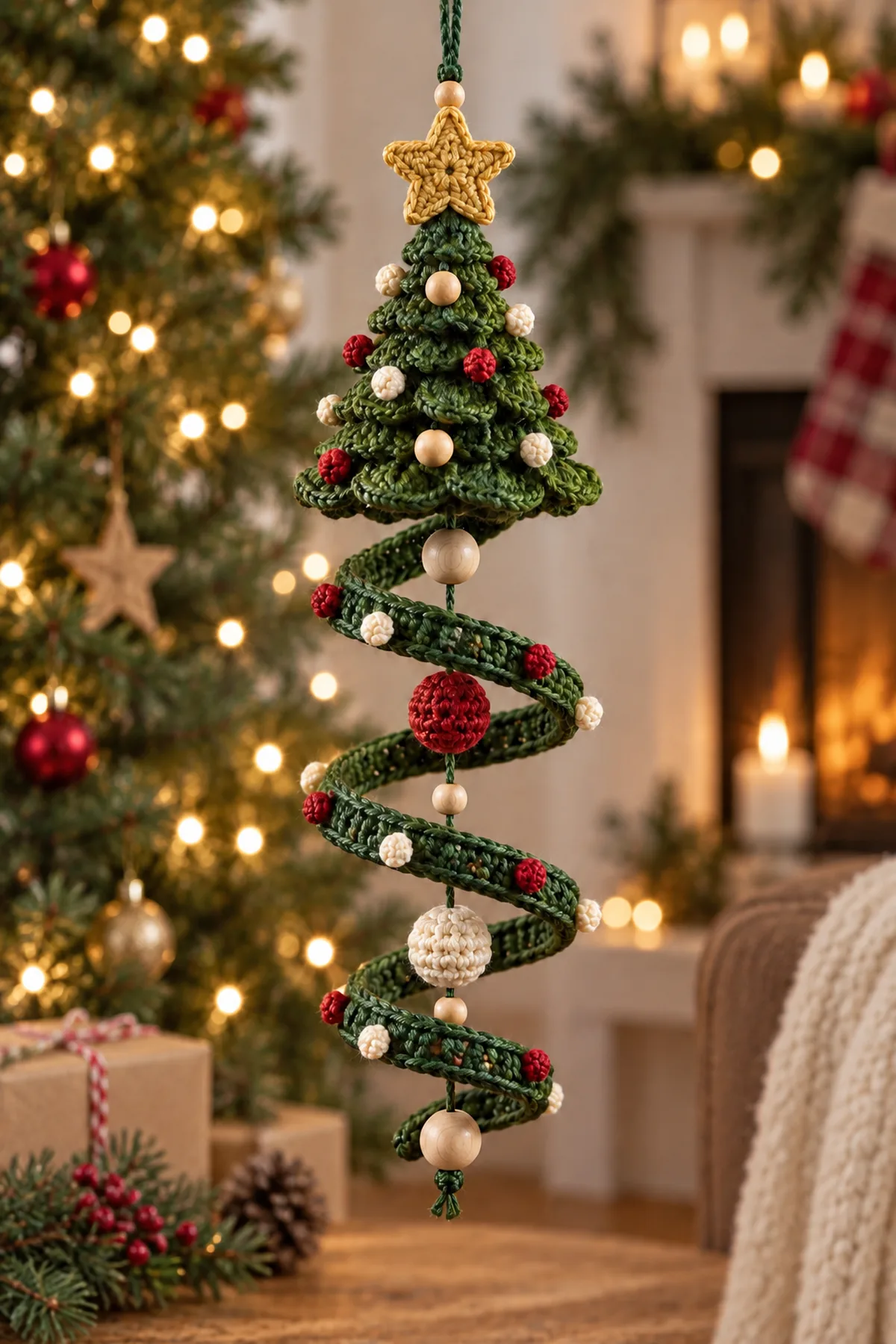 Christmas tree spiral crochet ornament hanging against warm holiday lights