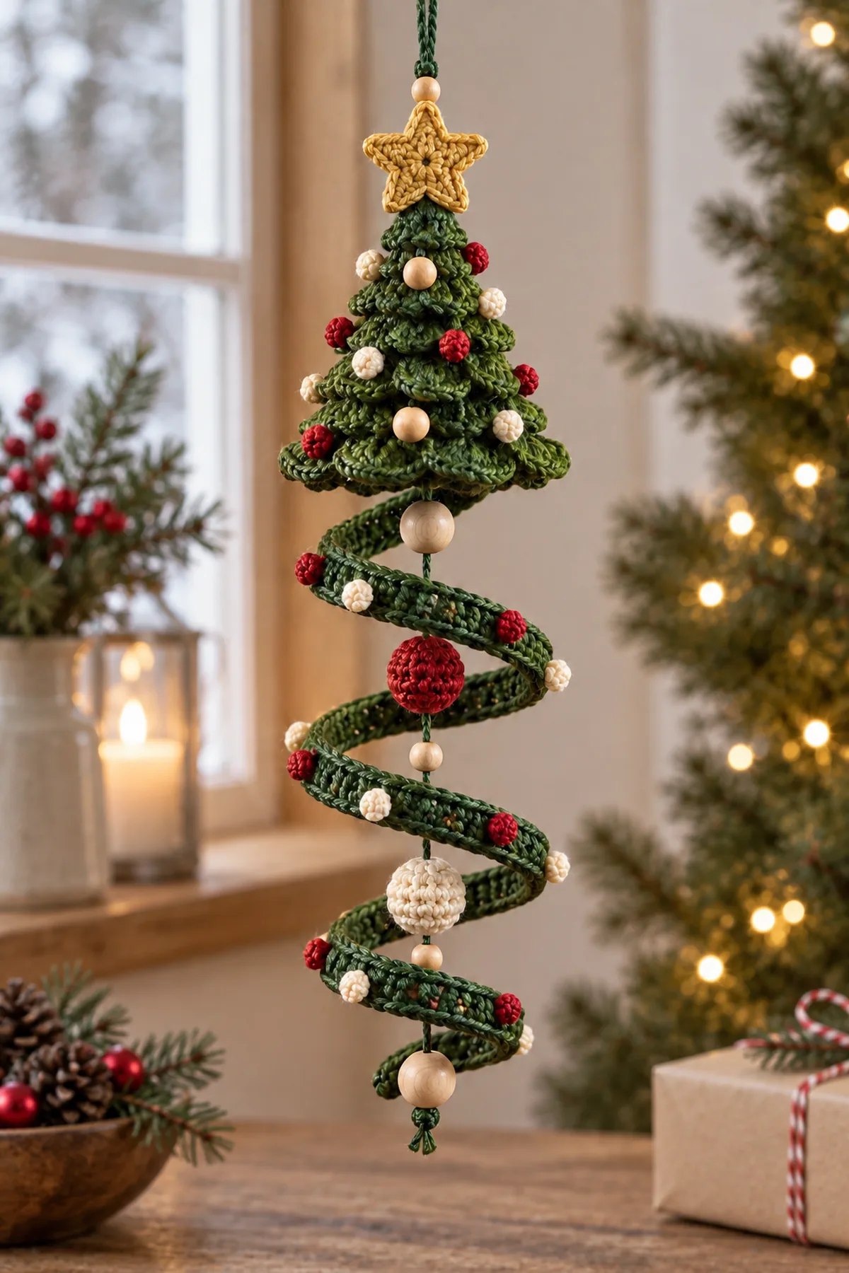 Small evergreen crochet cone after seven increase rounds