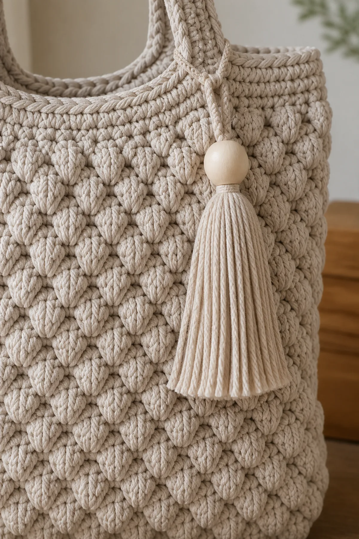 Close-up of the stitch texture and finishing details on chunky neutral crochet statement bag