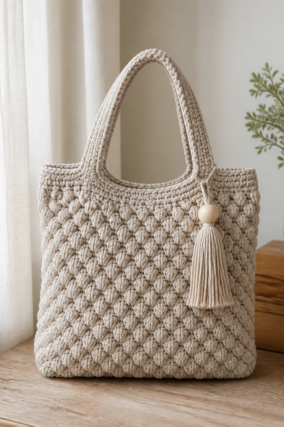 Finished chunky neutral crochet statement bag displayed with a clean handmade finish