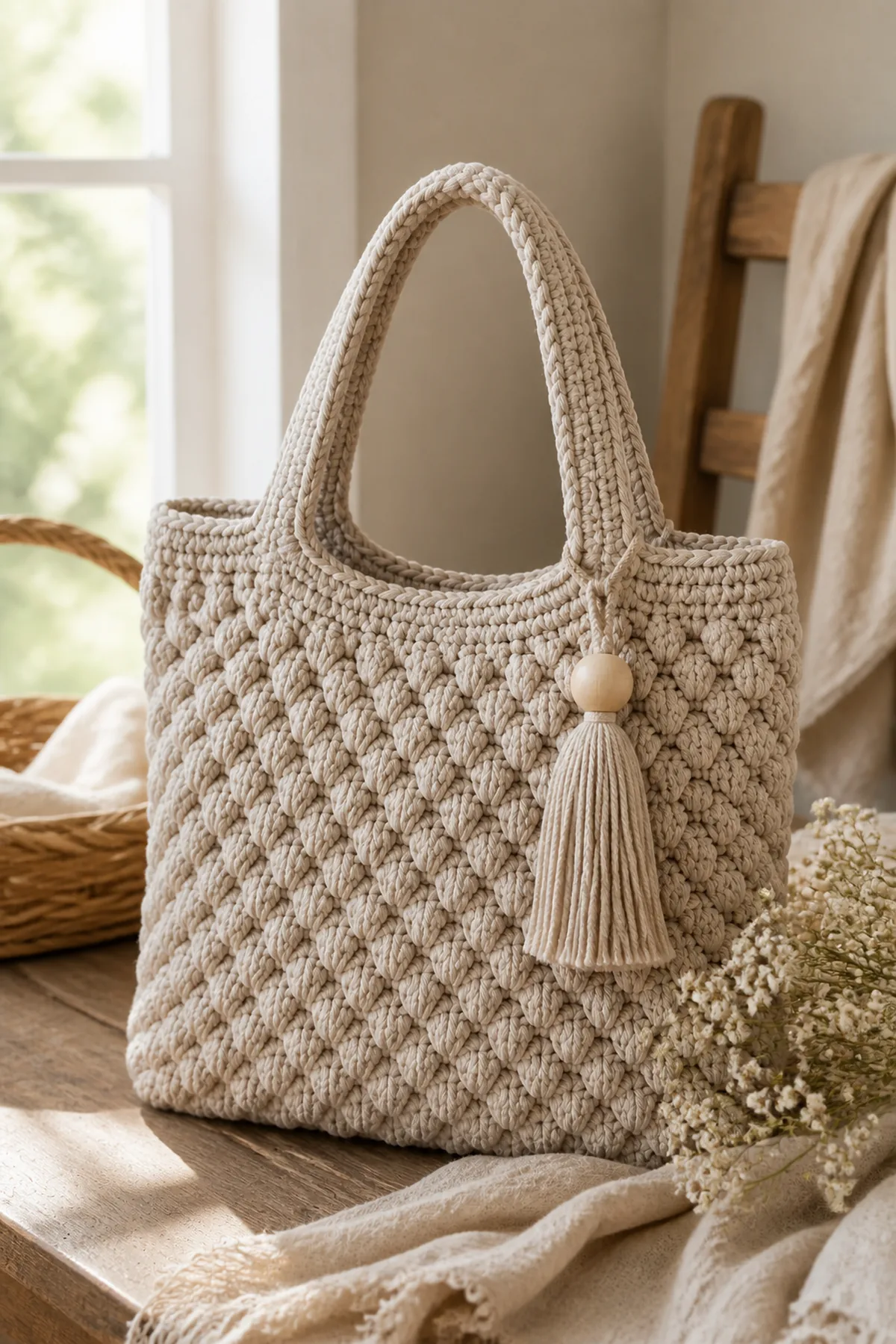 Finished chunky neutral crochet statement bag styled in a bright natural setting