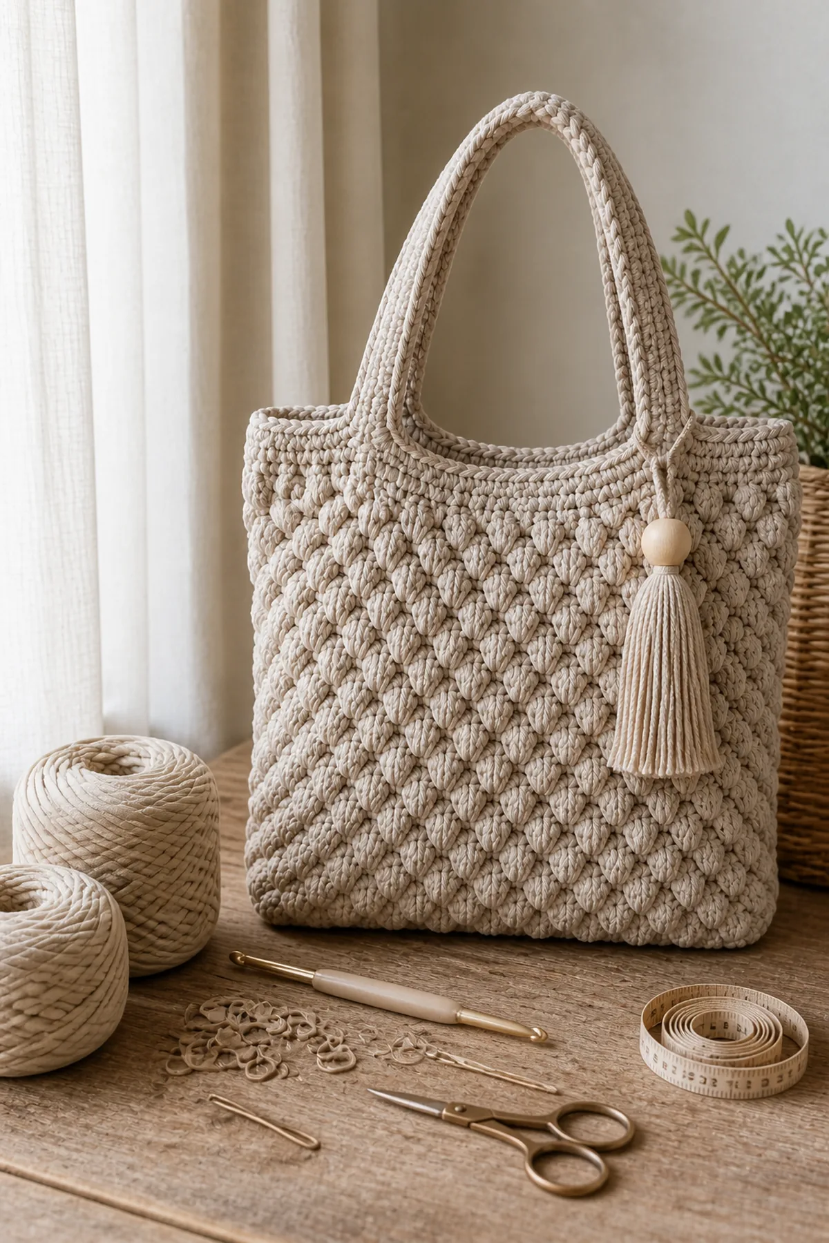 Yarn, crochet hook, stitch markers, yarn needle, tape measure, and scissors for chunky neutral crochet statement bag