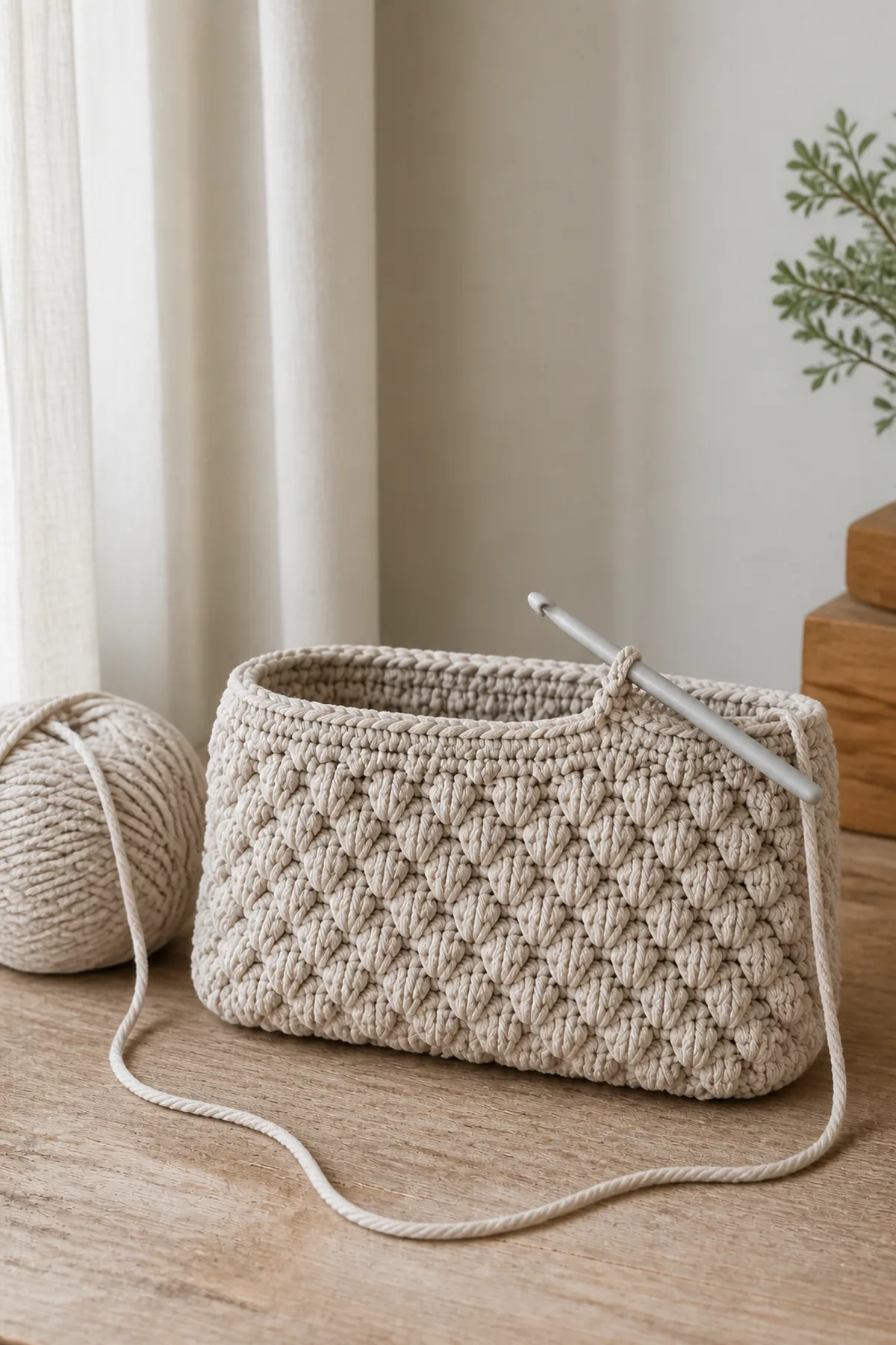 Early crochet construction stage for chunky neutral crochet statement bag with working yarn and hook