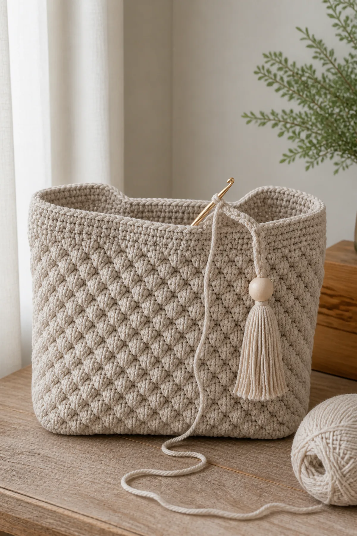 Mid-process crochet construction and shaping for chunky neutral crochet statement bag