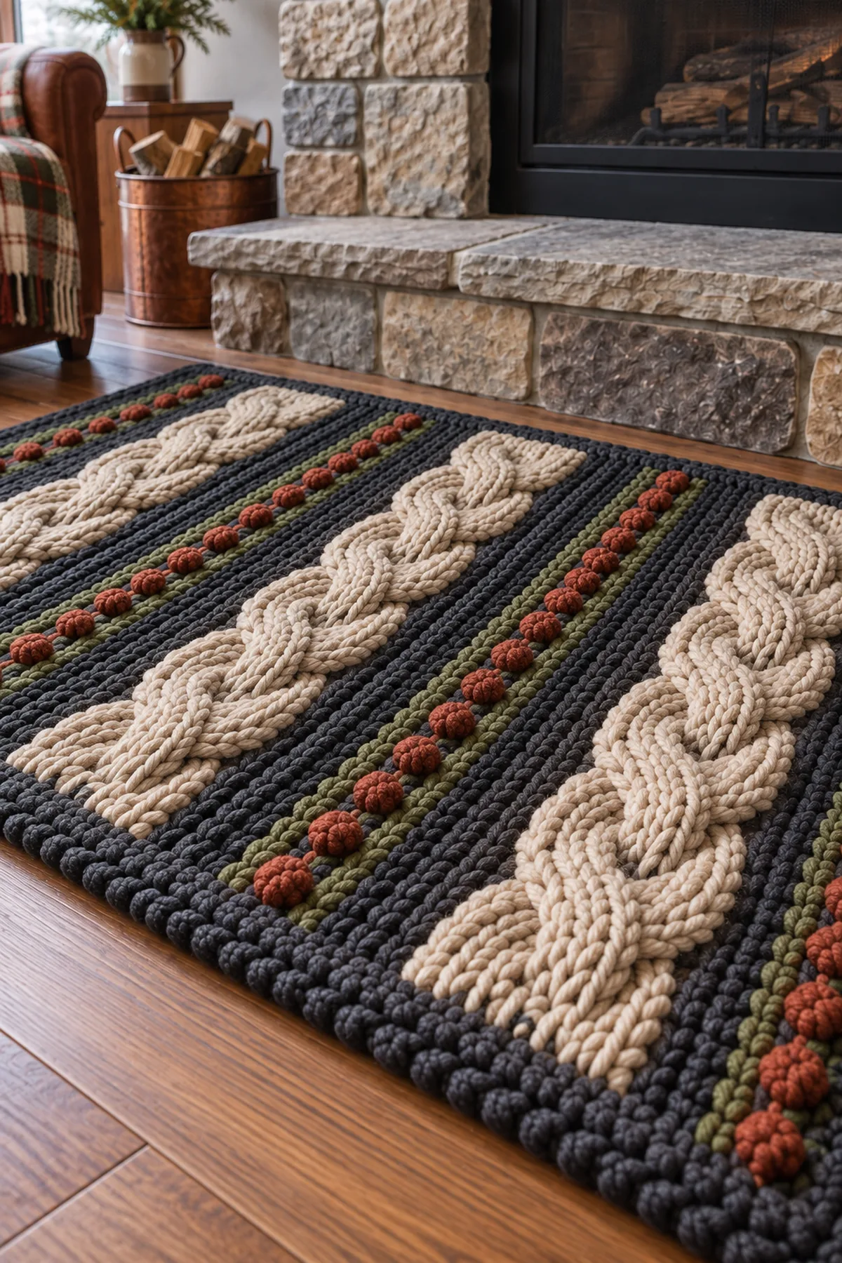 Close-up of crossed crochet cable charcoal rib channel rust bobble and dark border