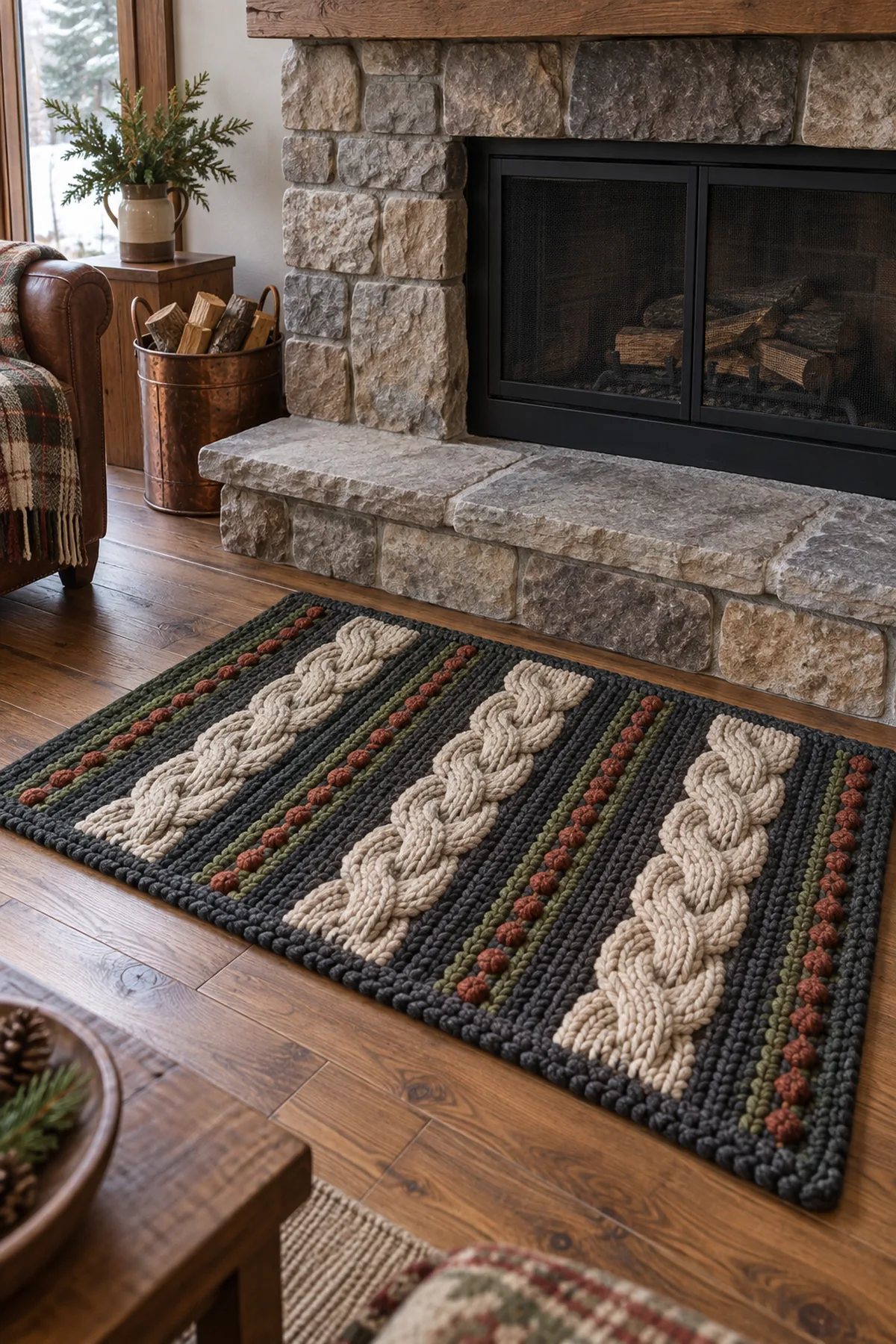 Finished oatmeal charcoal green and rust crochet alpine cable hearth rug