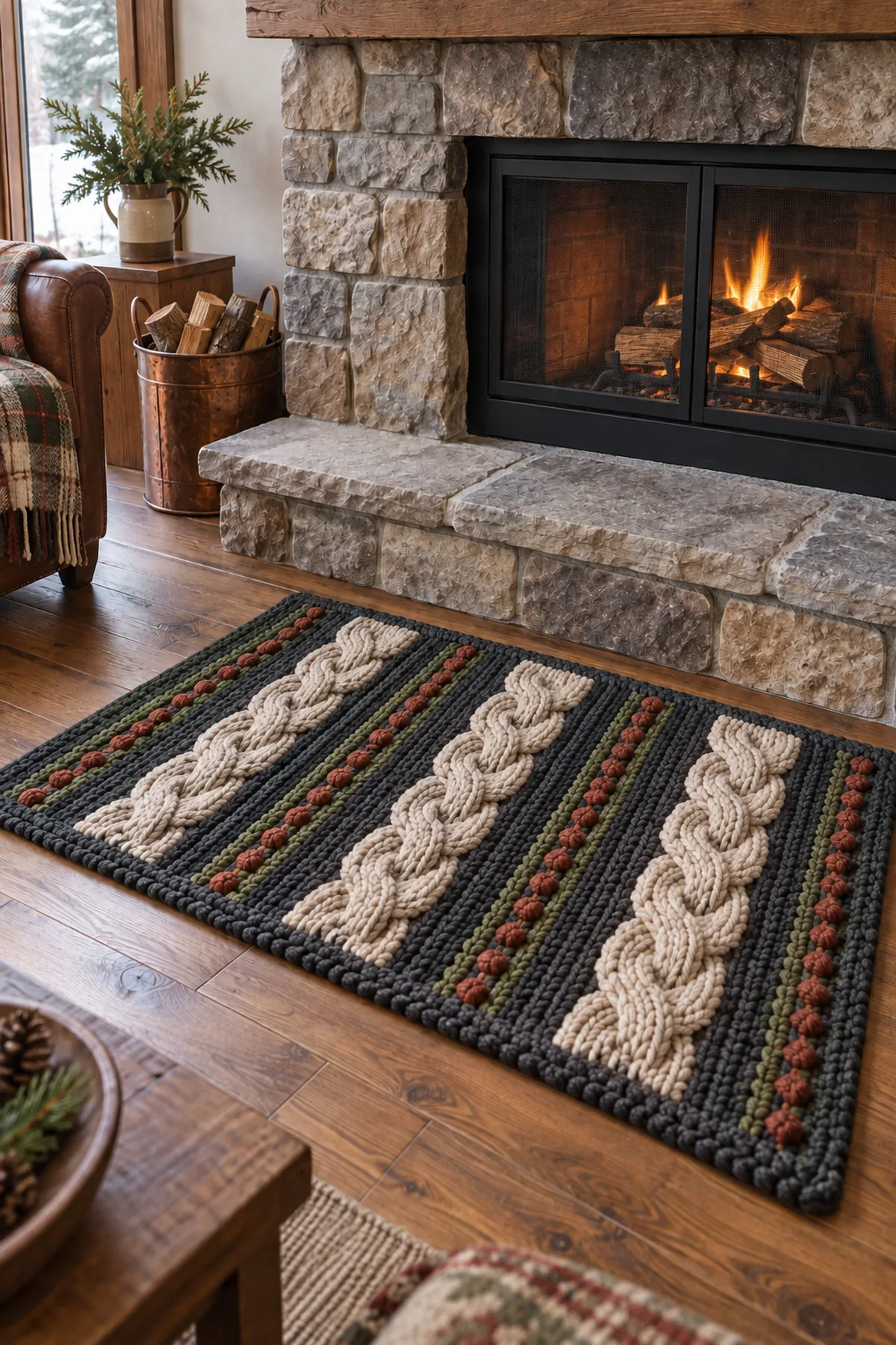 Crochet alpine cable hearth rug styled before a stone fireplace with safe clearance