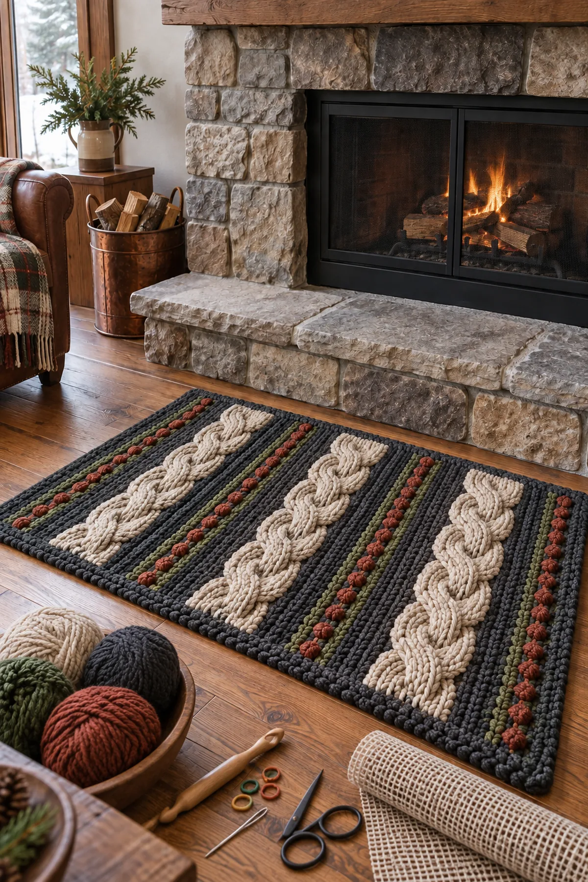 Oatmeal charcoal forest green and rust bulky yarn large hook markers needle scissors and rug pad