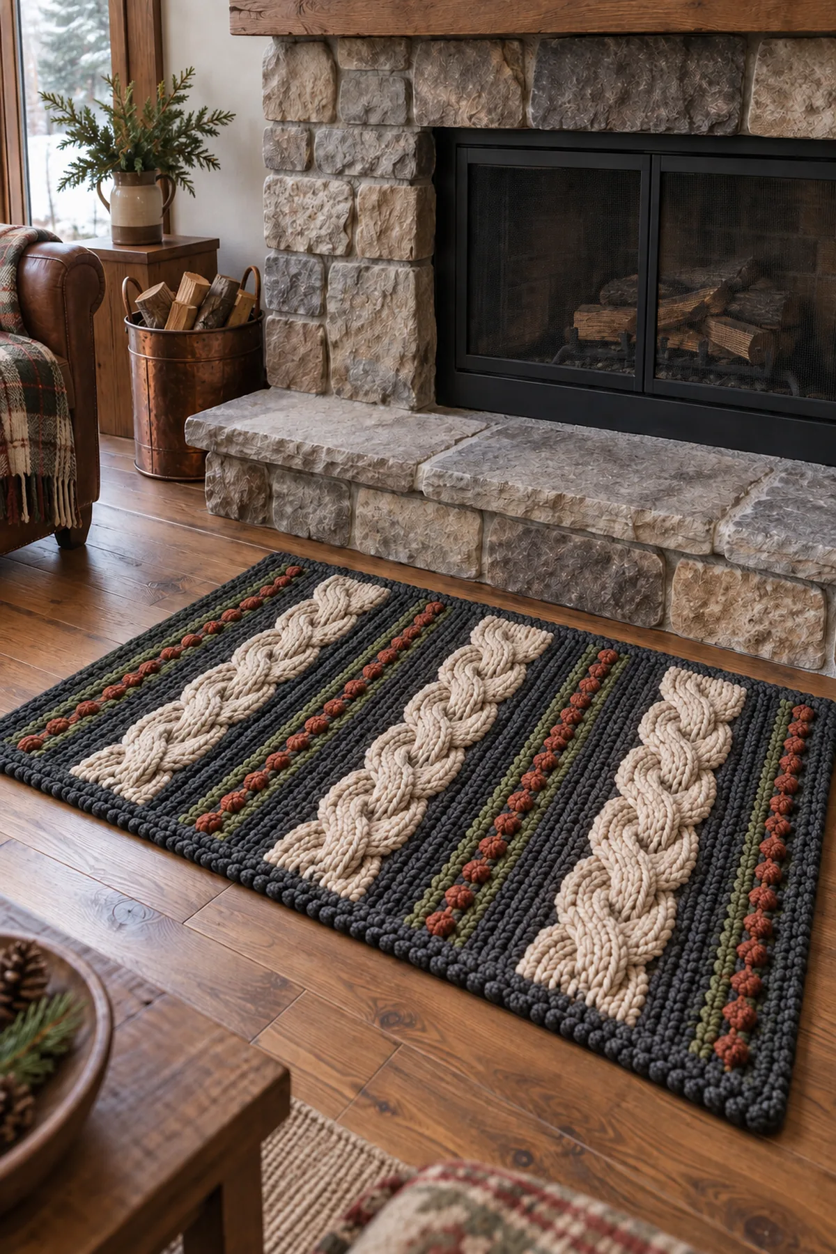 Charcoal 58 stitch hearth rug foundation with first ribbed rows