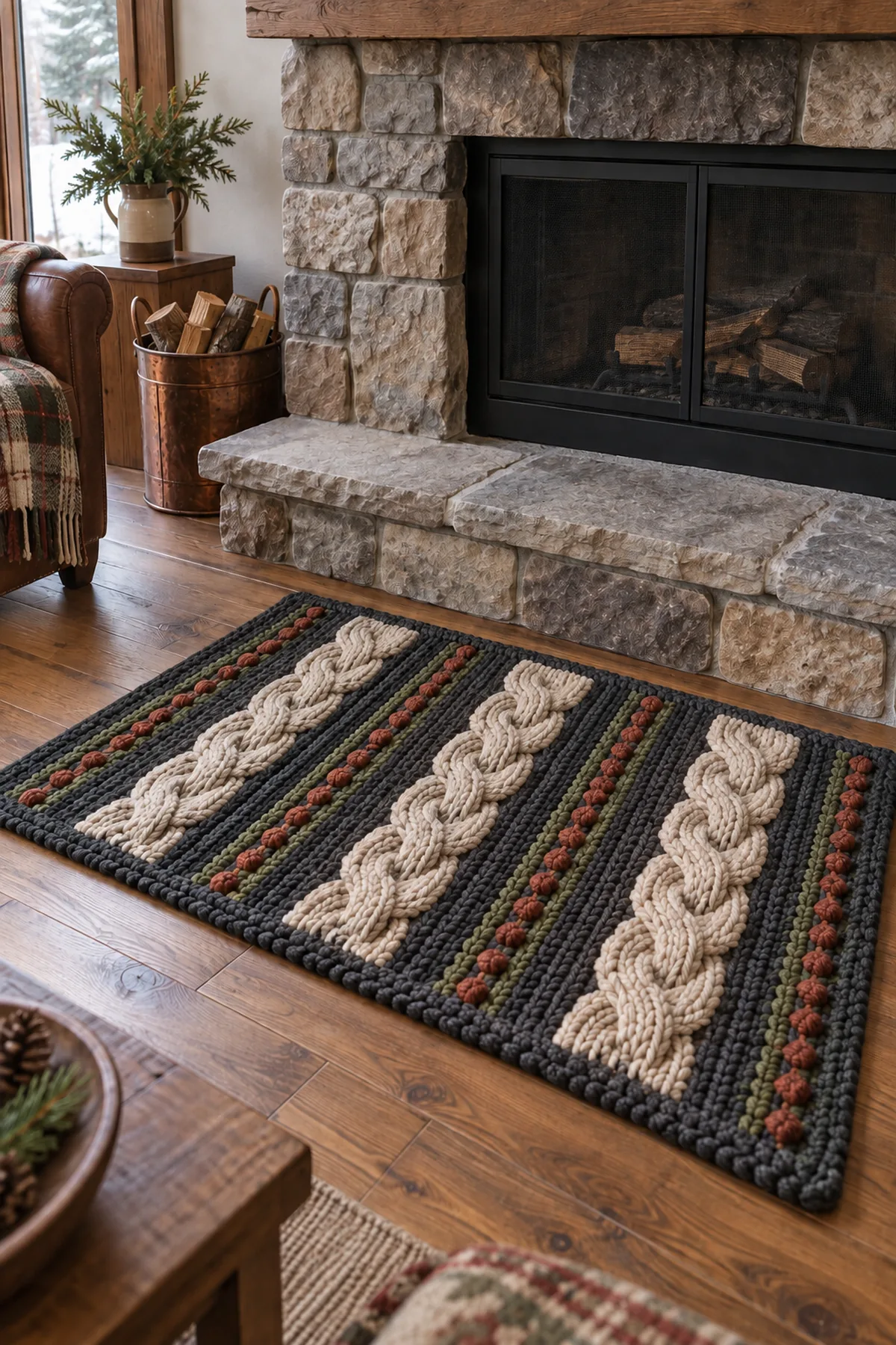 Alpine hearth rug showing three raised cable braids before final bobble bands