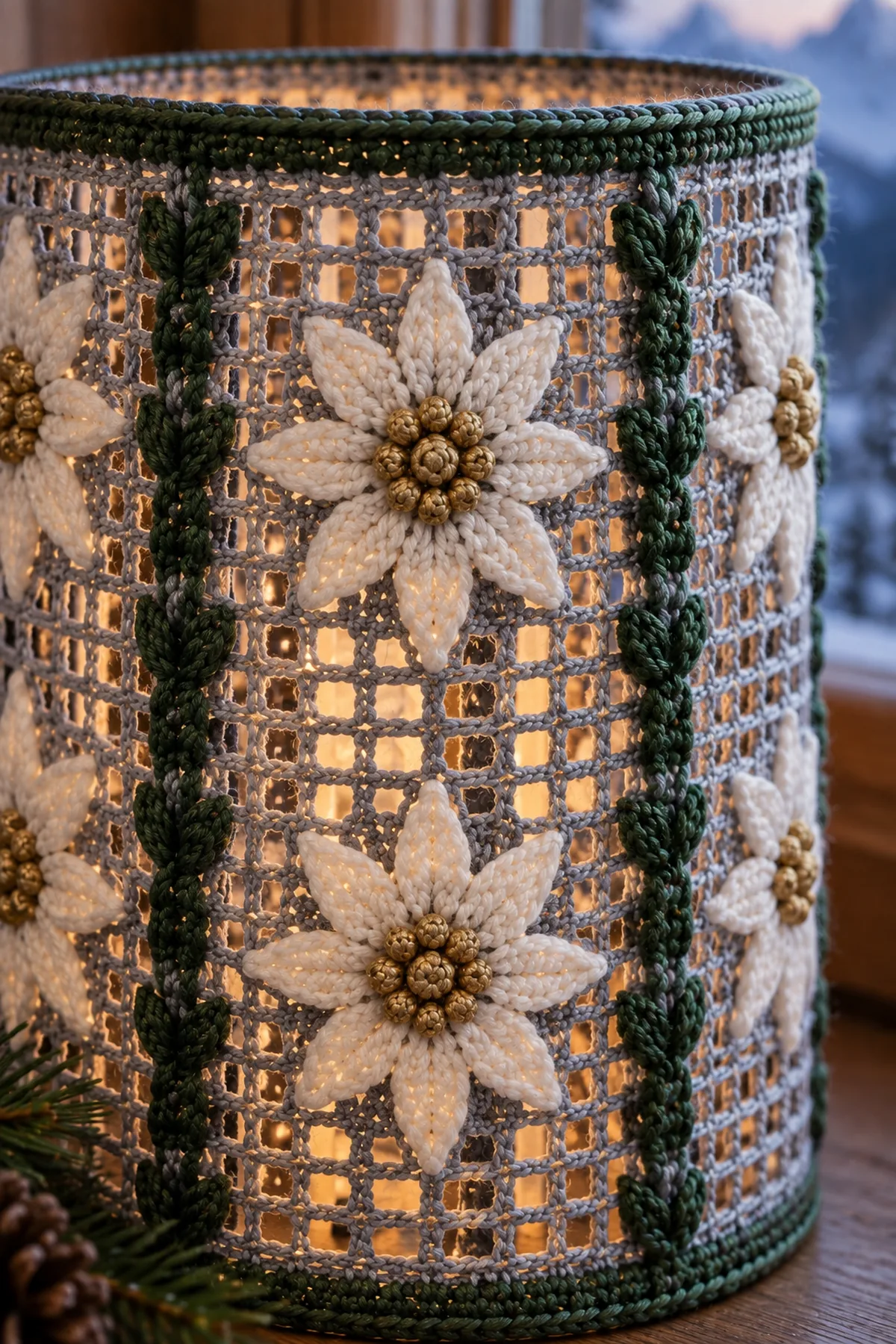 Close-up of white edelweiss crochet motif gold center green rib and glowing filet mesh