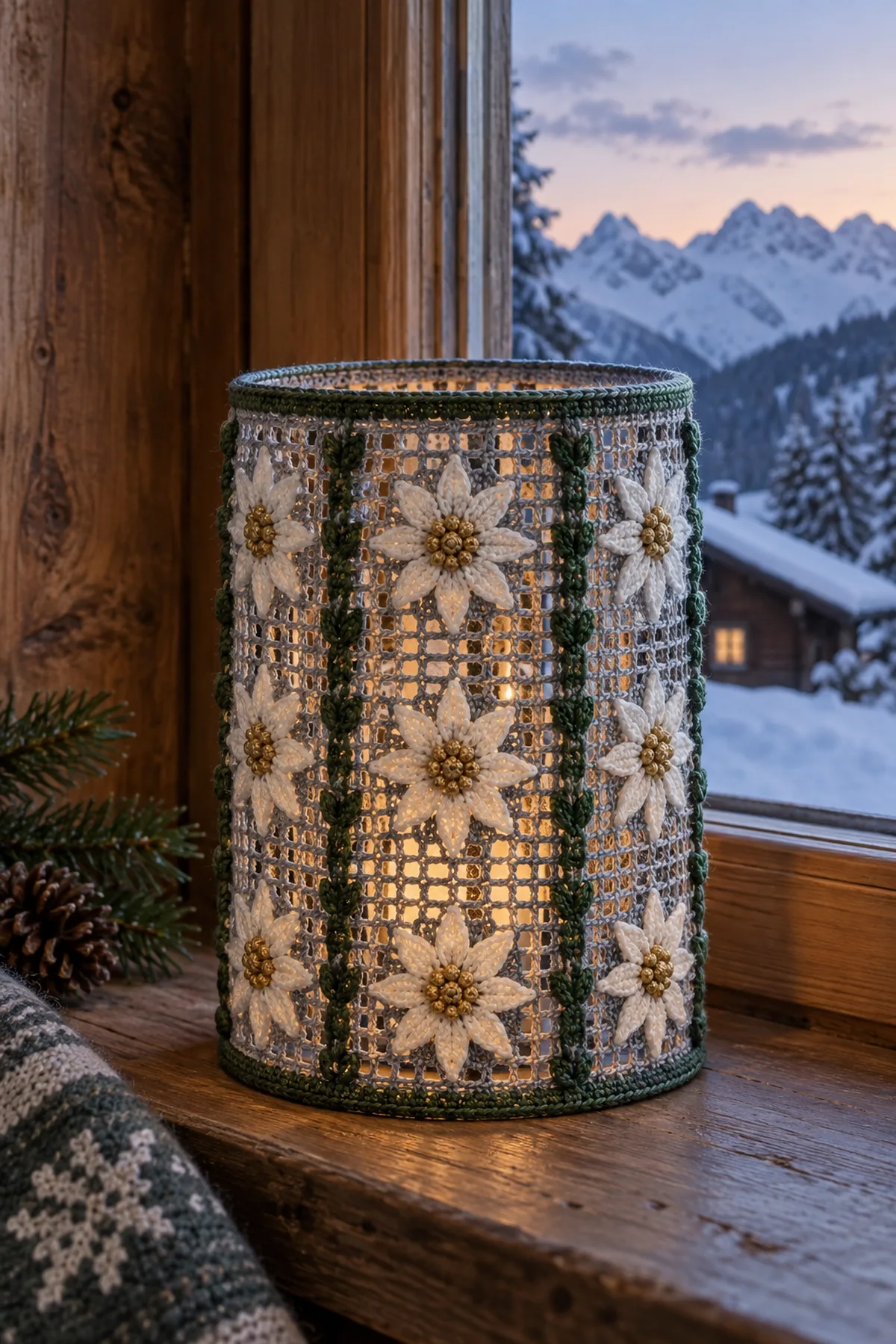Finished crochet alpine edelweiss LED lantern shade in mist gray white pine green and gold