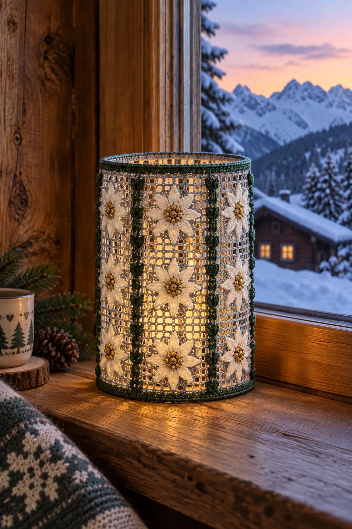 Alpine edelweiss crochet lantern shade glowing on a timber cabin windowsill
