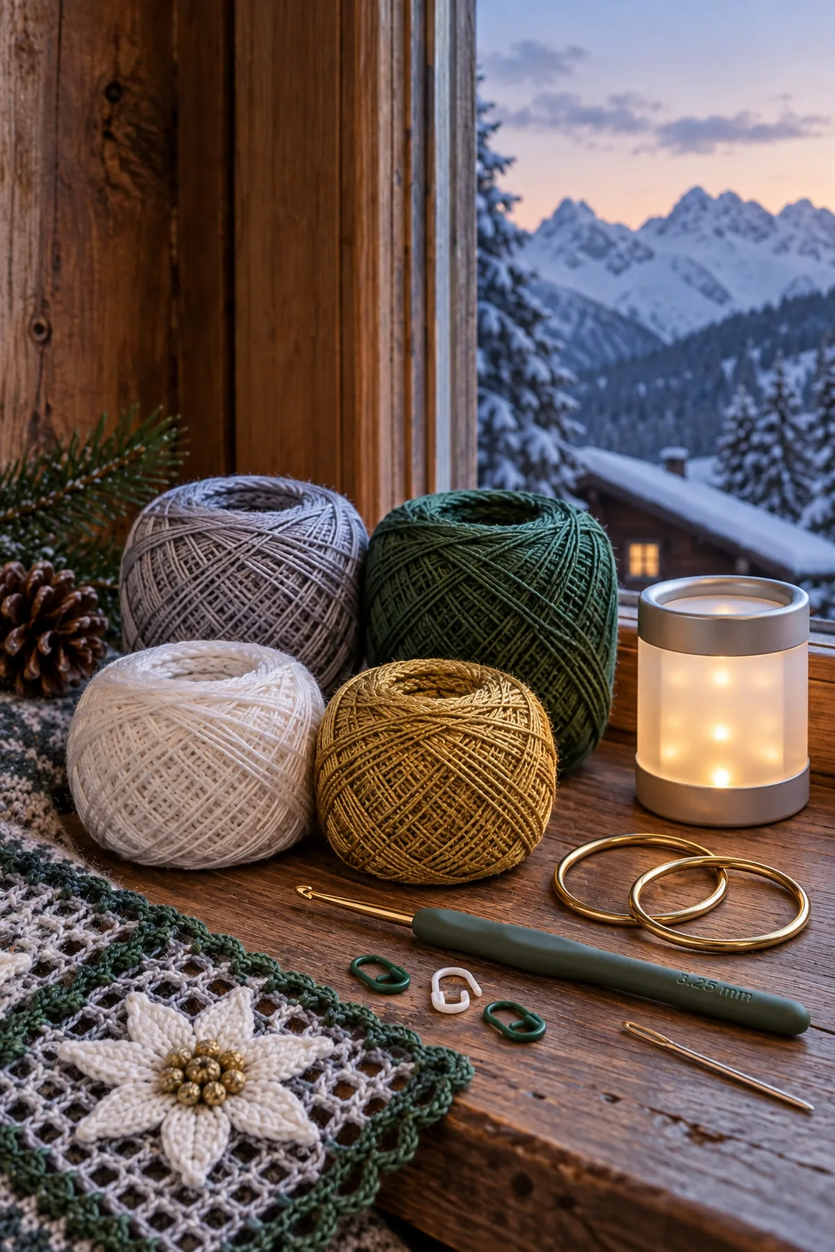 Gray white green and gold fingering cotton yarn hooks craft rings LED lantern markers and needle