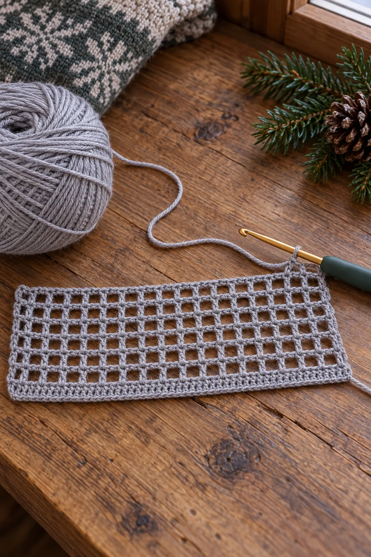 Mist gray 65 stitch filet lace foundation with first open meshes