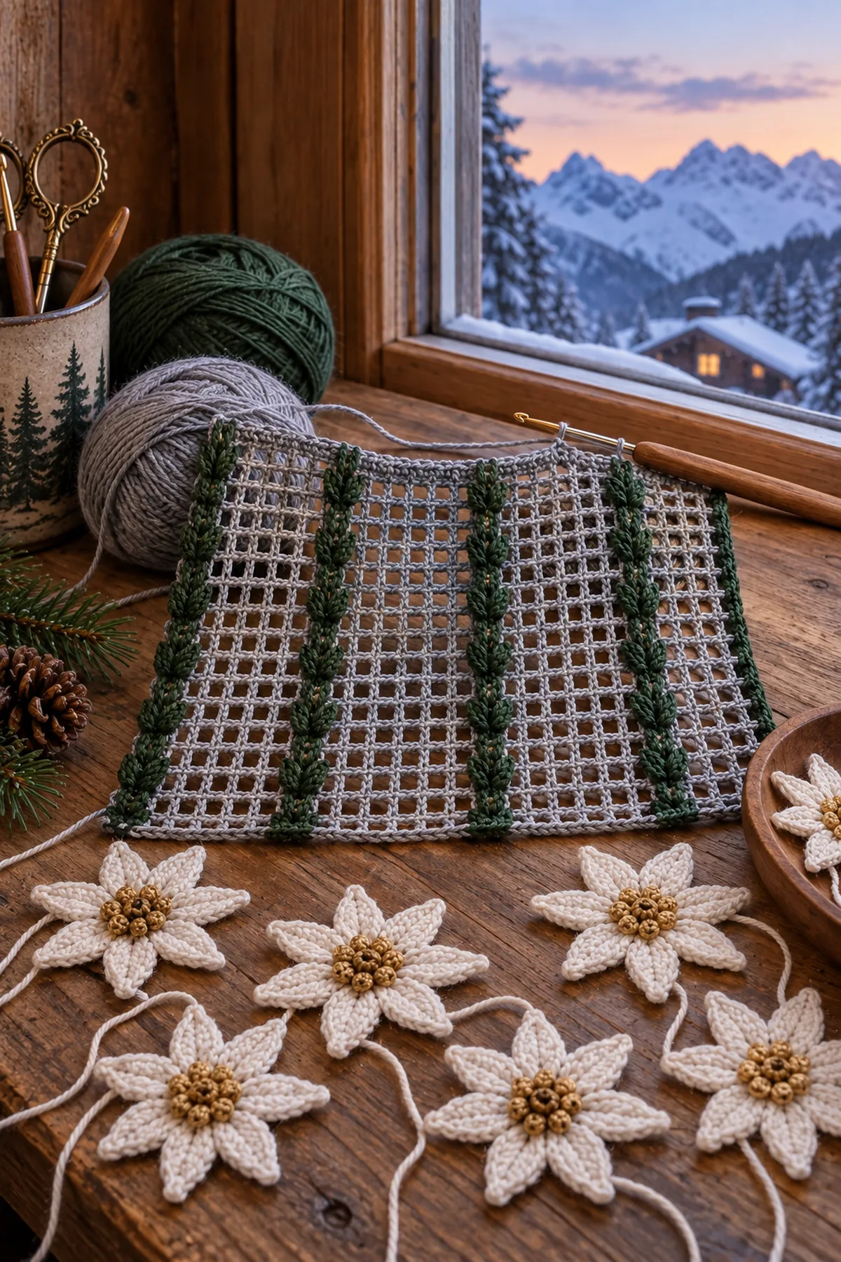 Crochet lantern panel midway through gray mesh and green raised rib columns
