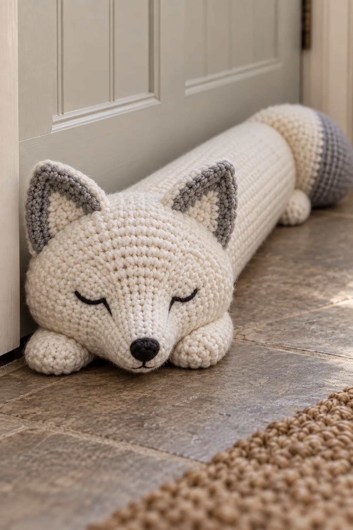 Close-up of embroidered sleepy fox face sculpted muzzle gray ear and neat amigurumi stitches