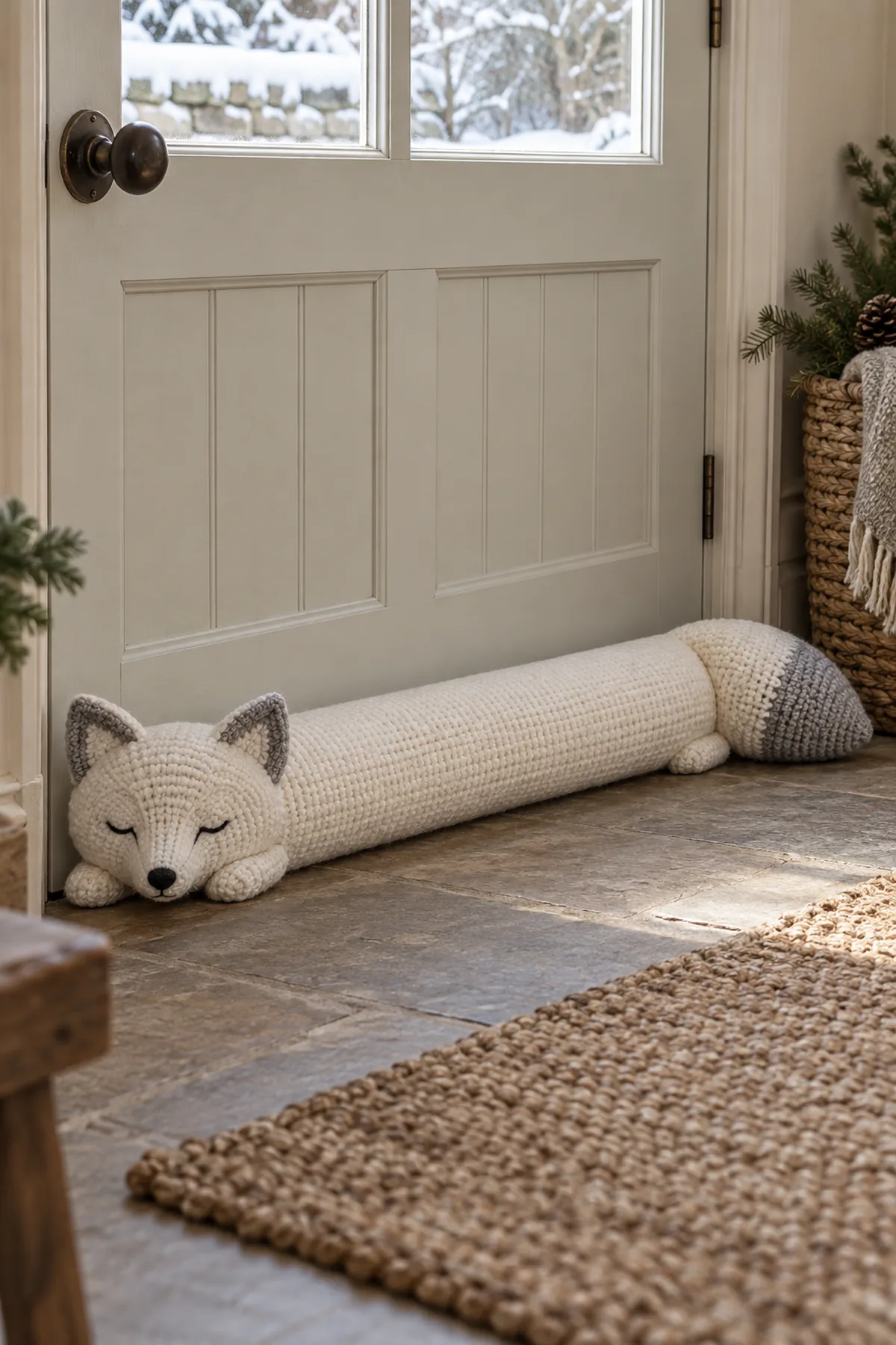 Finished winter white crochet arctic fox draft stopper with sleepy face and silver tail