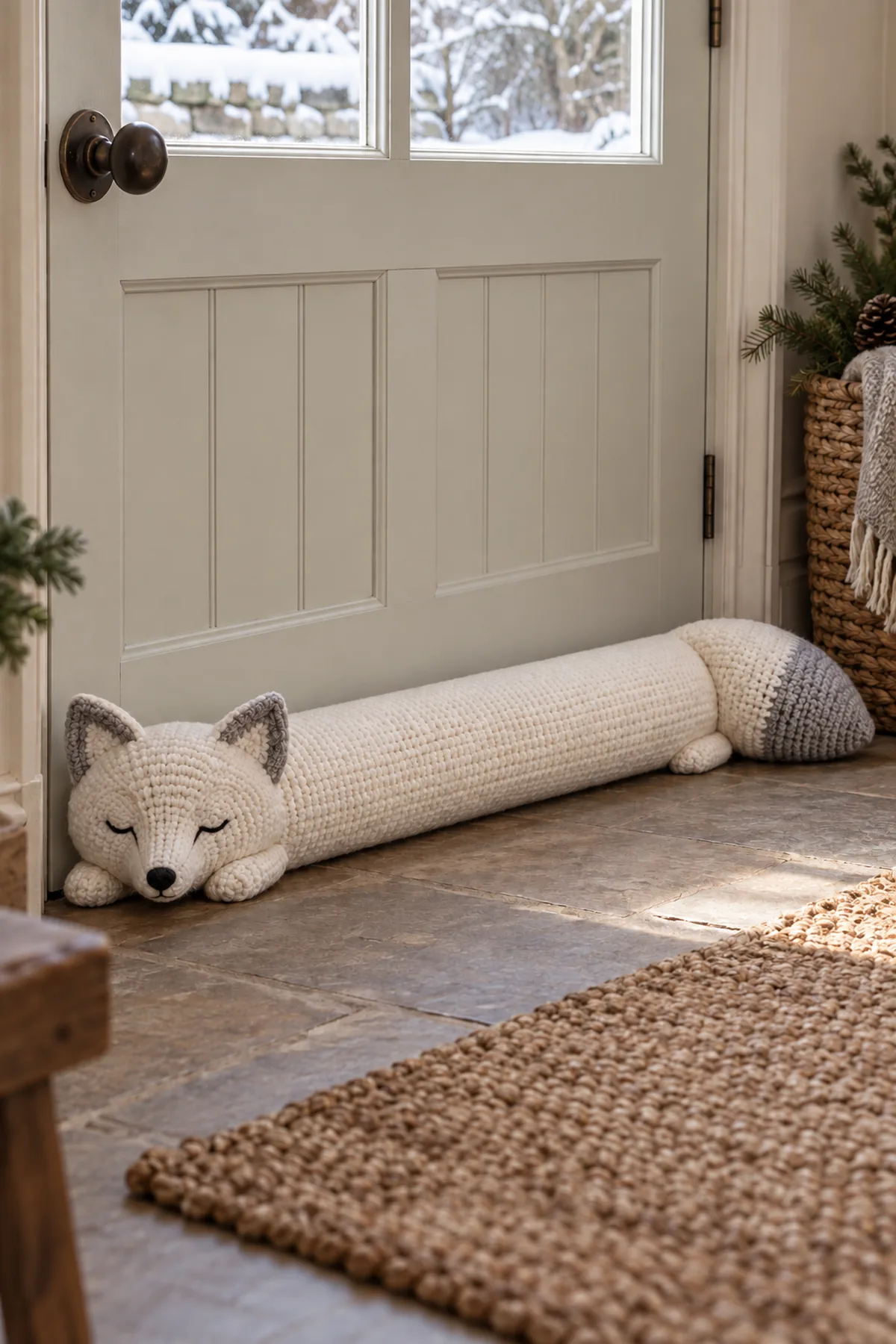 Arctic fox crochet draft stopper positioned along a cozy cottage door