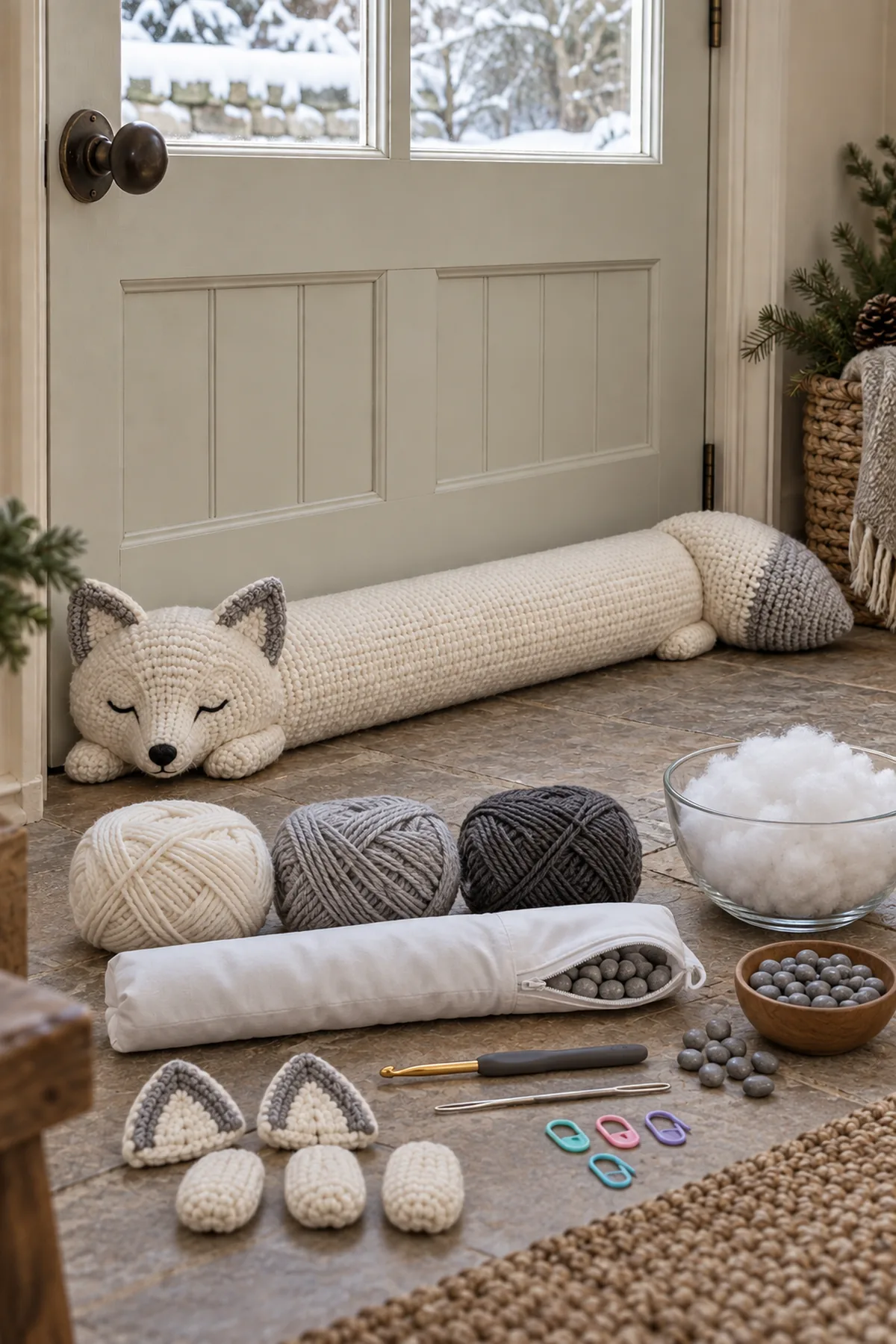 White gray and charcoal worsted yarn crochet hook fabric weighted liner stuffing markers and needle