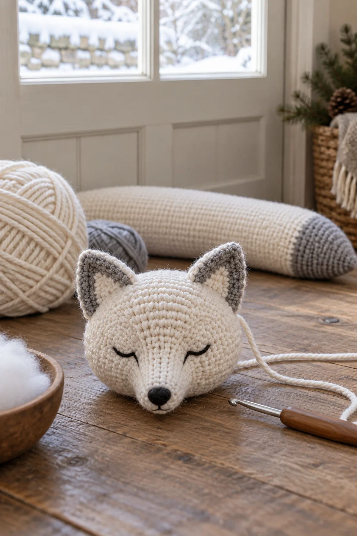 Small white crochet fox head after the first shaping rounds