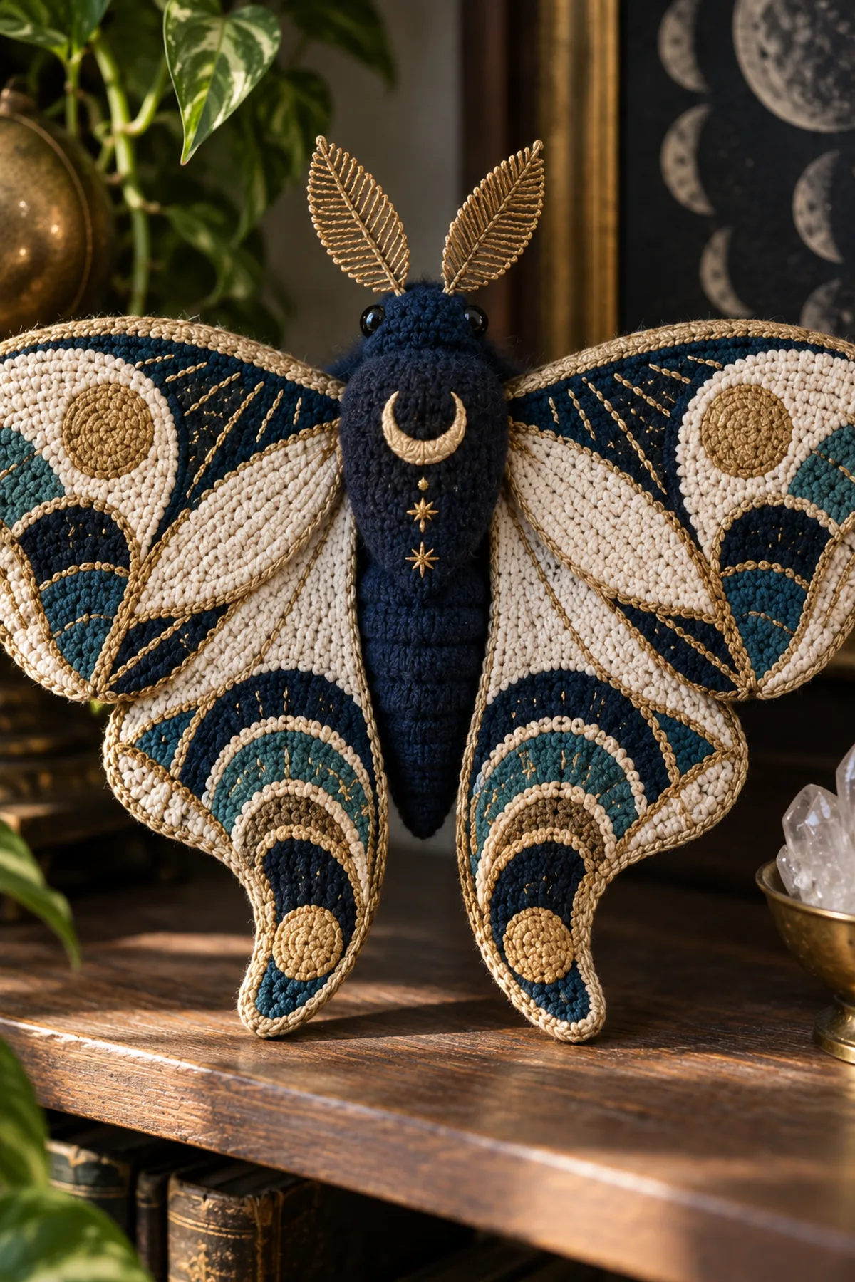 Close-up of stitch texture and finishing details on crochet art deco moon moth amigurumi