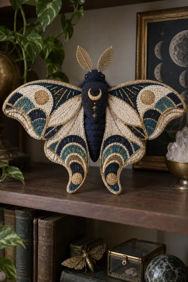 Finished crochet art deco moon moth amigurumi displayed with a clean handmade finish