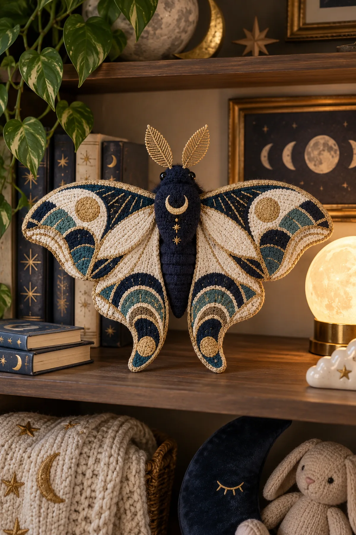 Finished crochet art deco moon moth amigurumi styled in a bright natural setting