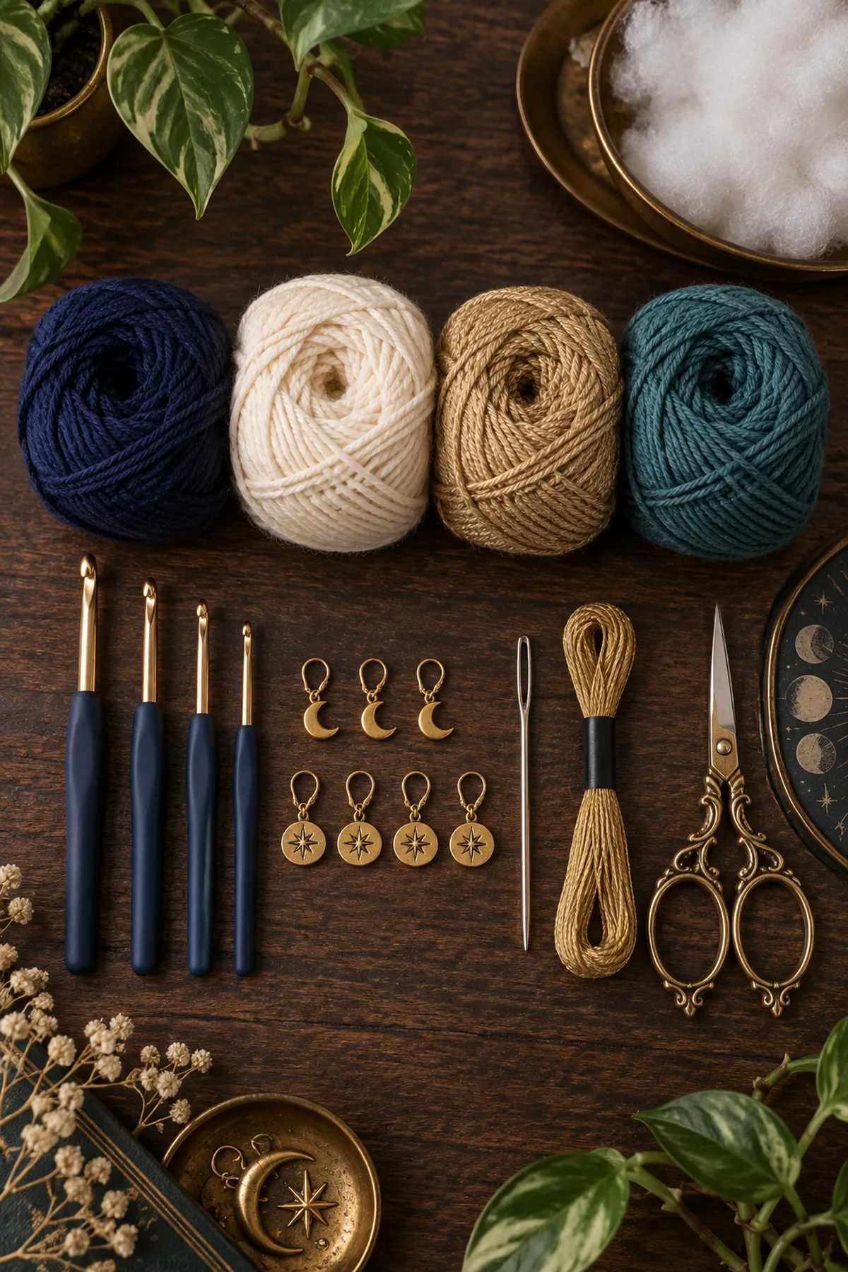 Materials for crochet art deco moon moth amigurumi including yarn, crochet hook, markers, needle, tape measure, and scissors