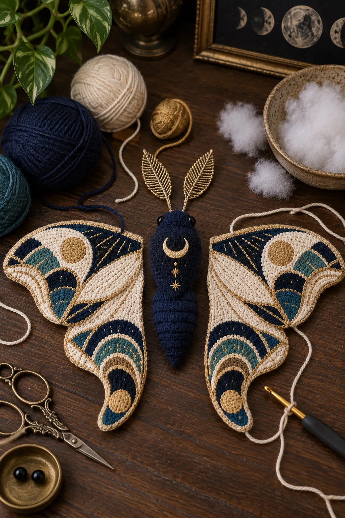 Early crochet construction stage for crochet art deco moon moth amigurumi with working yarn and hook