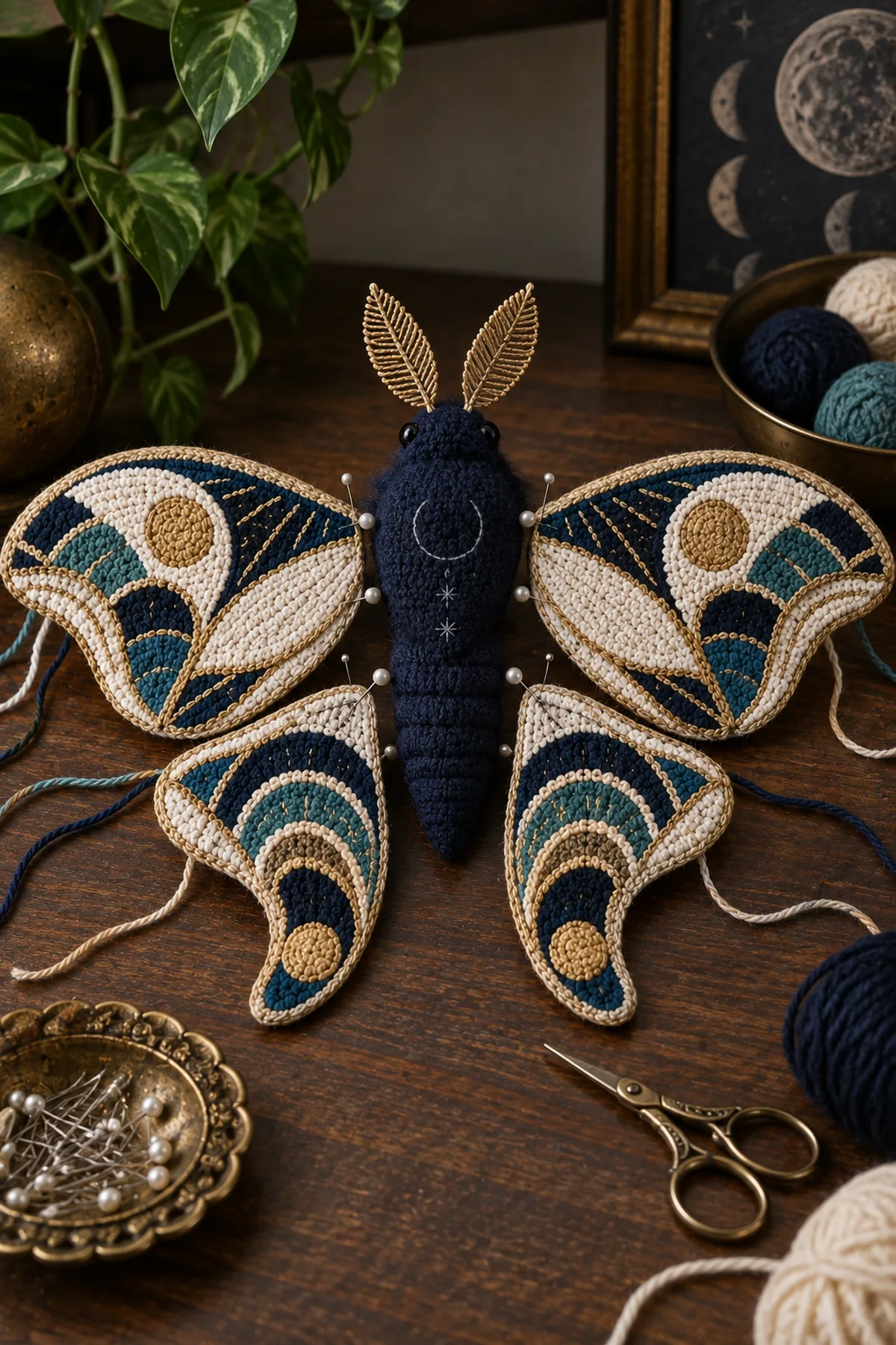 Mid-process crochet construction and shaping for crochet art deco moon moth amigurumi