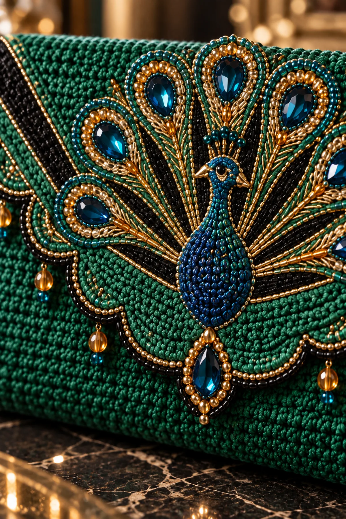 Close-up of beaded peacock feather eyes black Art Deco rays and scalloped gold edged flap