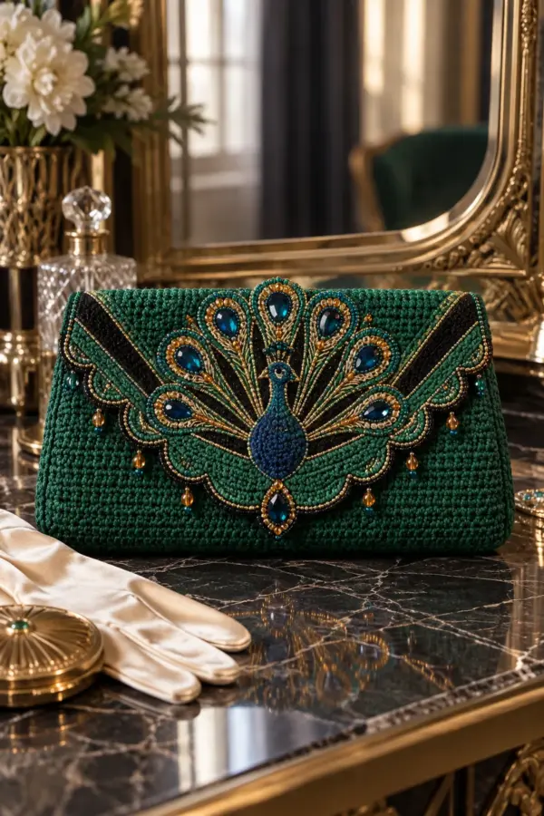 Finished crochet Art Deco peacock evening clutch in emerald sapphire gold and black with beads