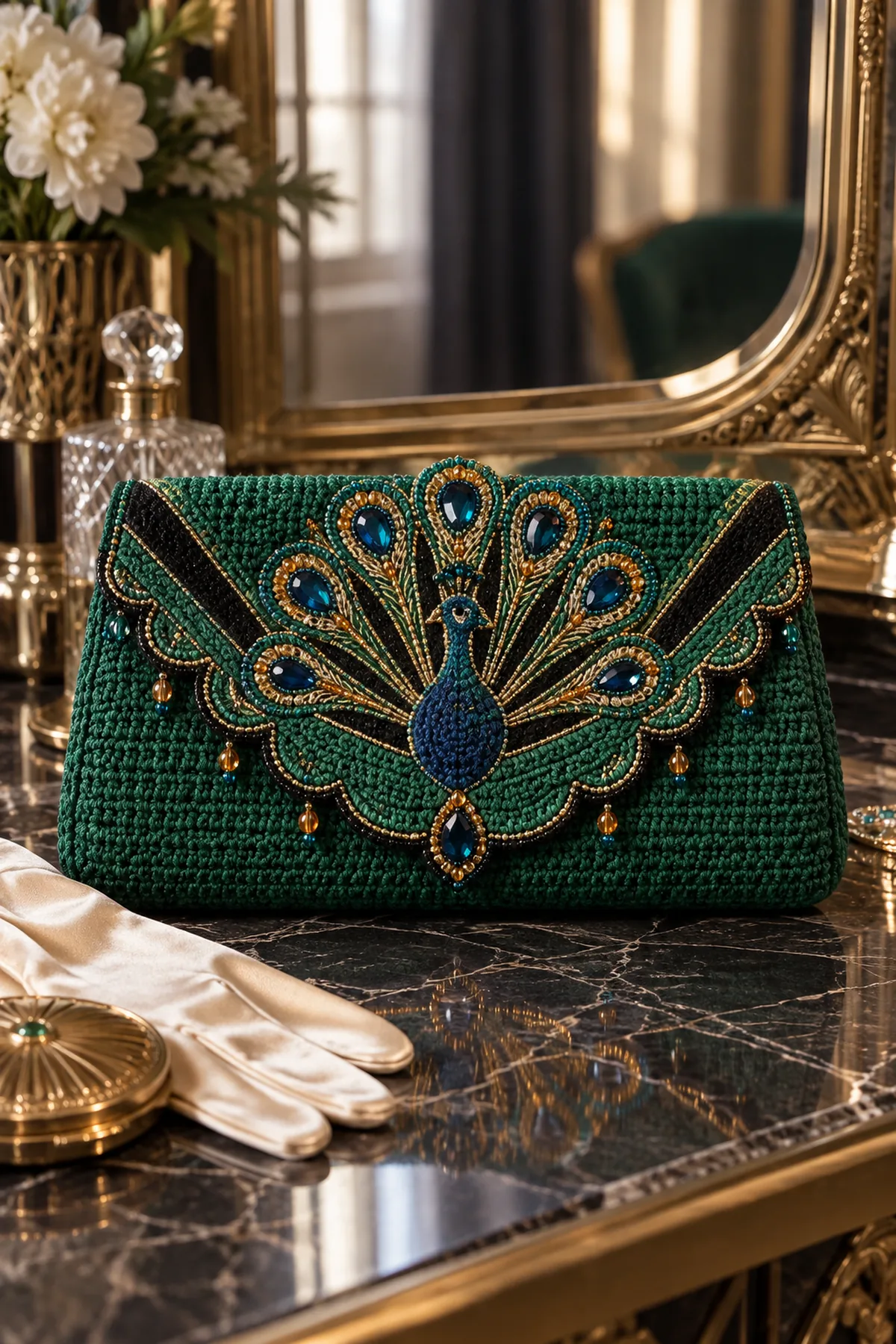 Finished crochet Art Deco peacock evening clutch in emerald sapphire gold and black with beads